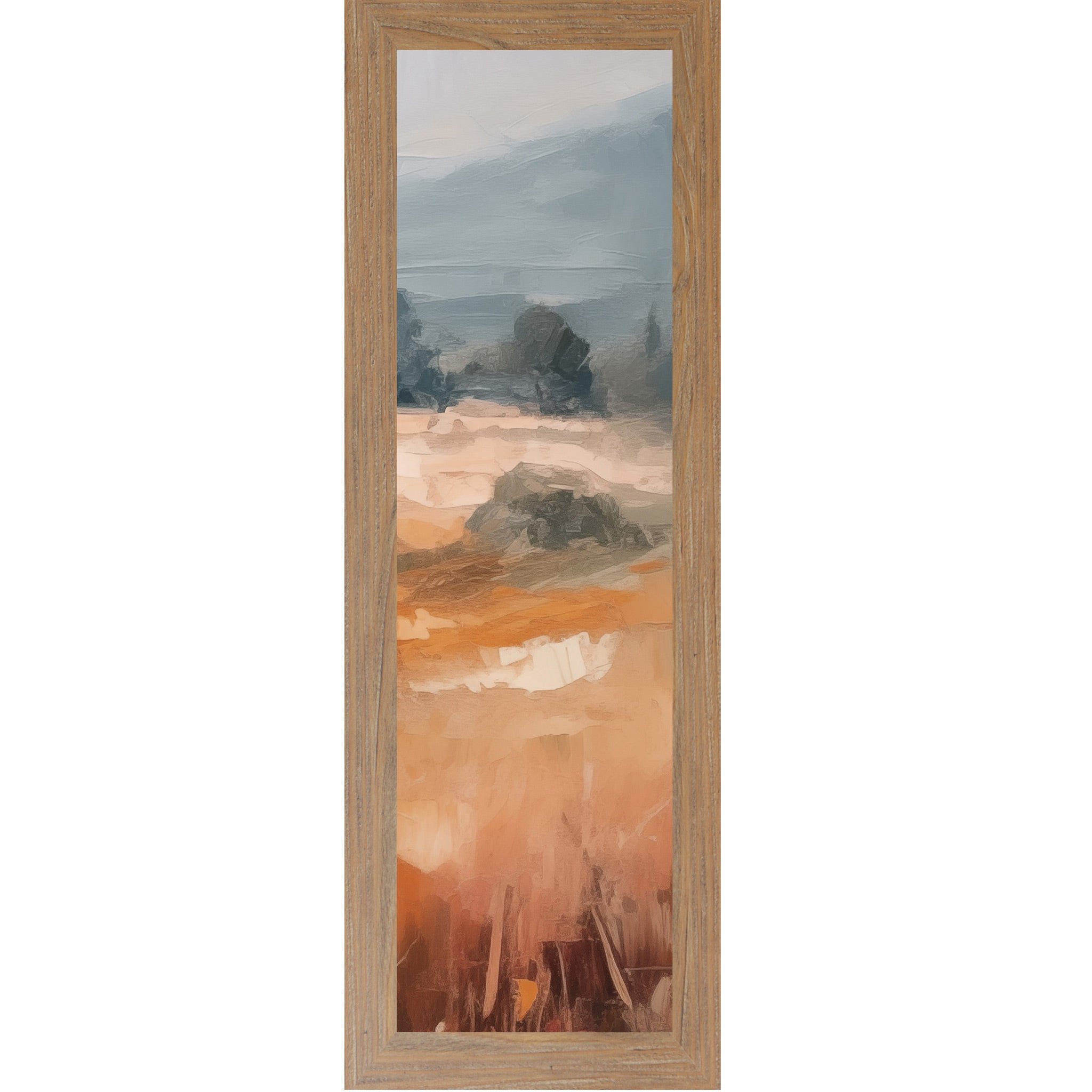 Farmtable framed narrow portrait abstract terracotta landscape wall art with rich amber and orange field dark trees in midground and dramatic blue-grey sky