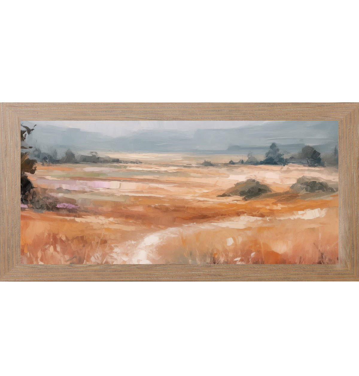 Farmtable framed wide landscape abstract terracotta wall art showing full panoramic scene with warm amber orange field dark trees left edge soft peach midground and dramatic blue-grey sky with bold expressive brushwork