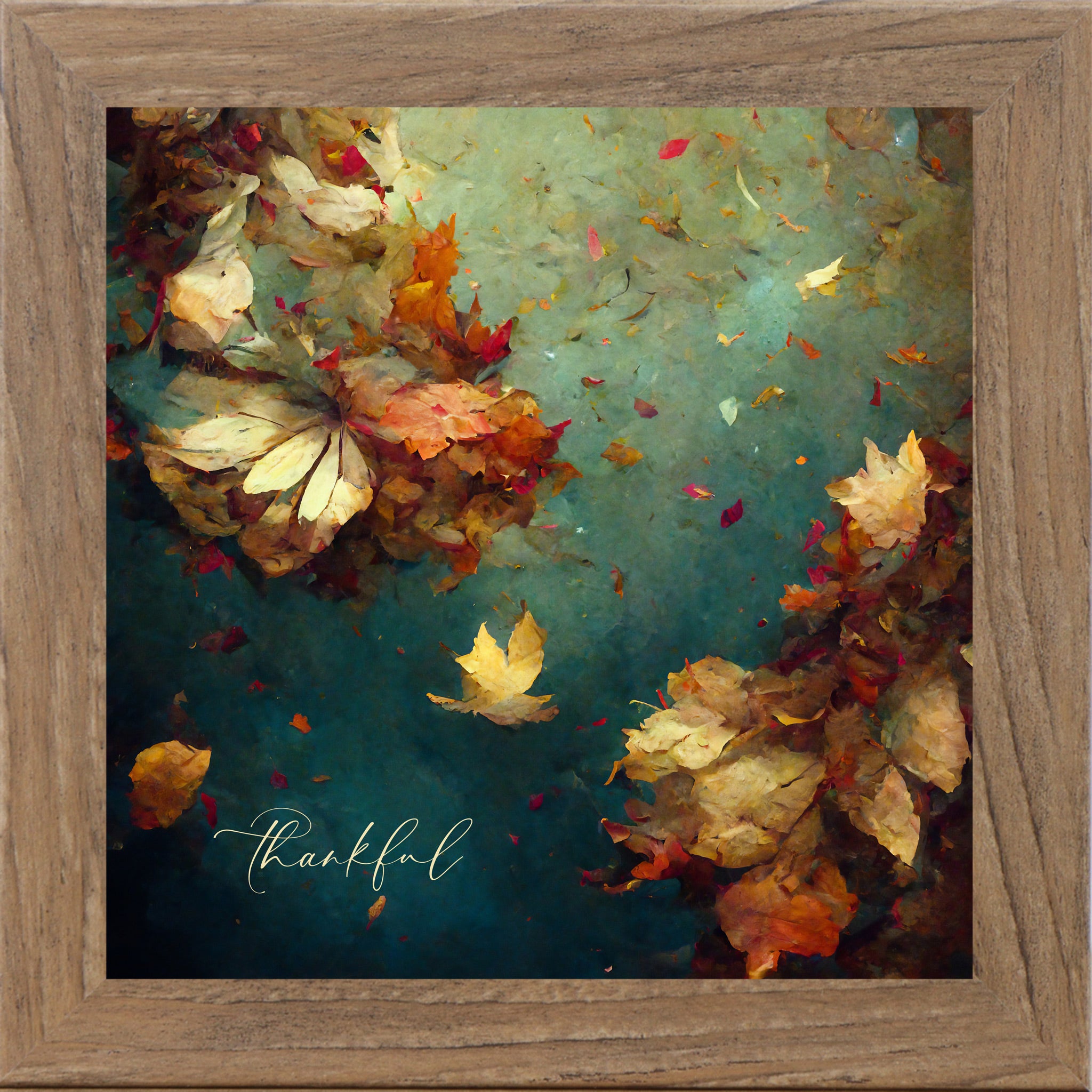 Farmtable framed square fall wall art featuring teal watercolor autumn maple leaves in cream and deep crimson with the word "thankful" in script — Thankful SB306