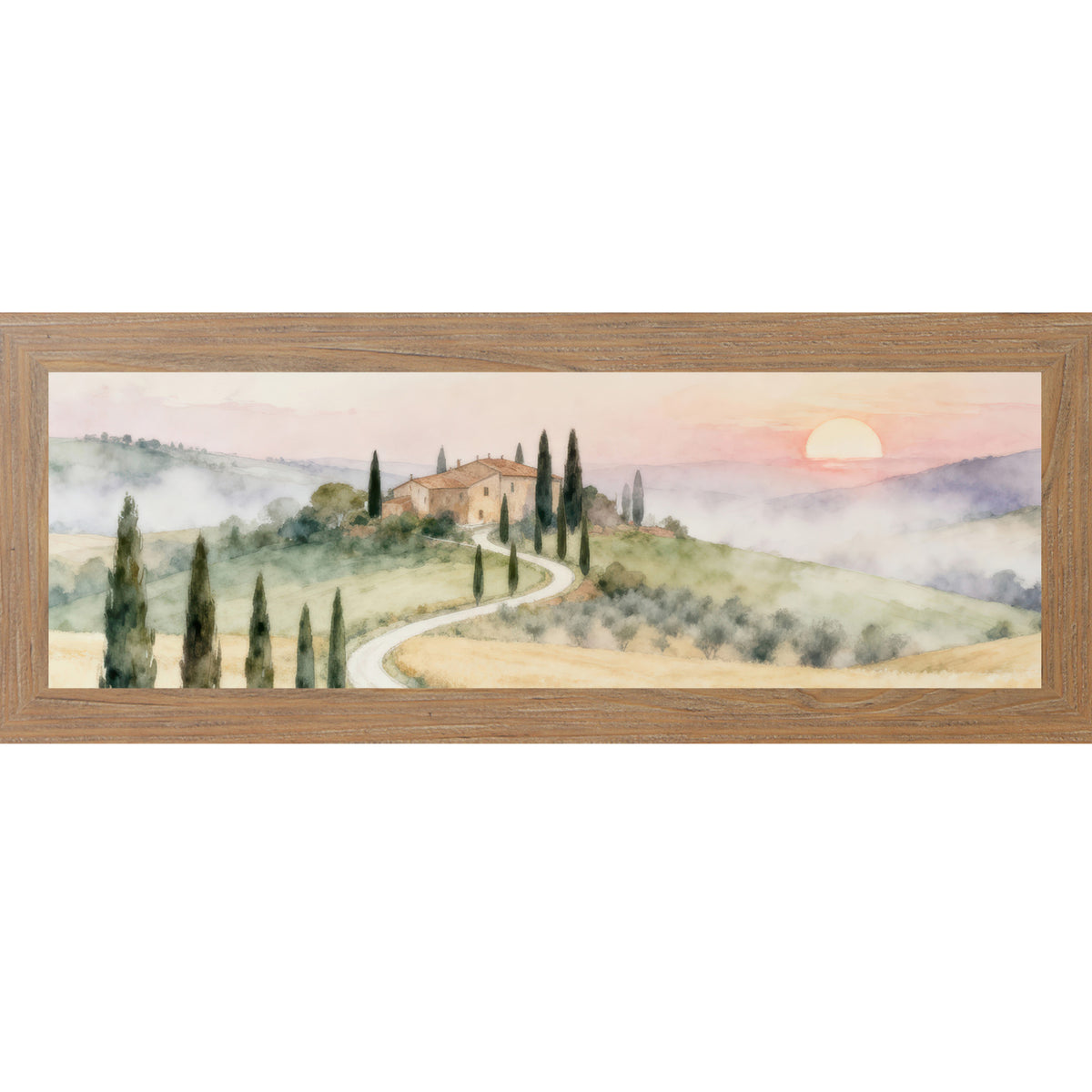 Farmtable framed wide landscape Tuscan watercolor wall art featuring a winding white road through golden wheat fields and cypress trees leading to a terracotta villa on a green hillside with a peach and coral sunrise
