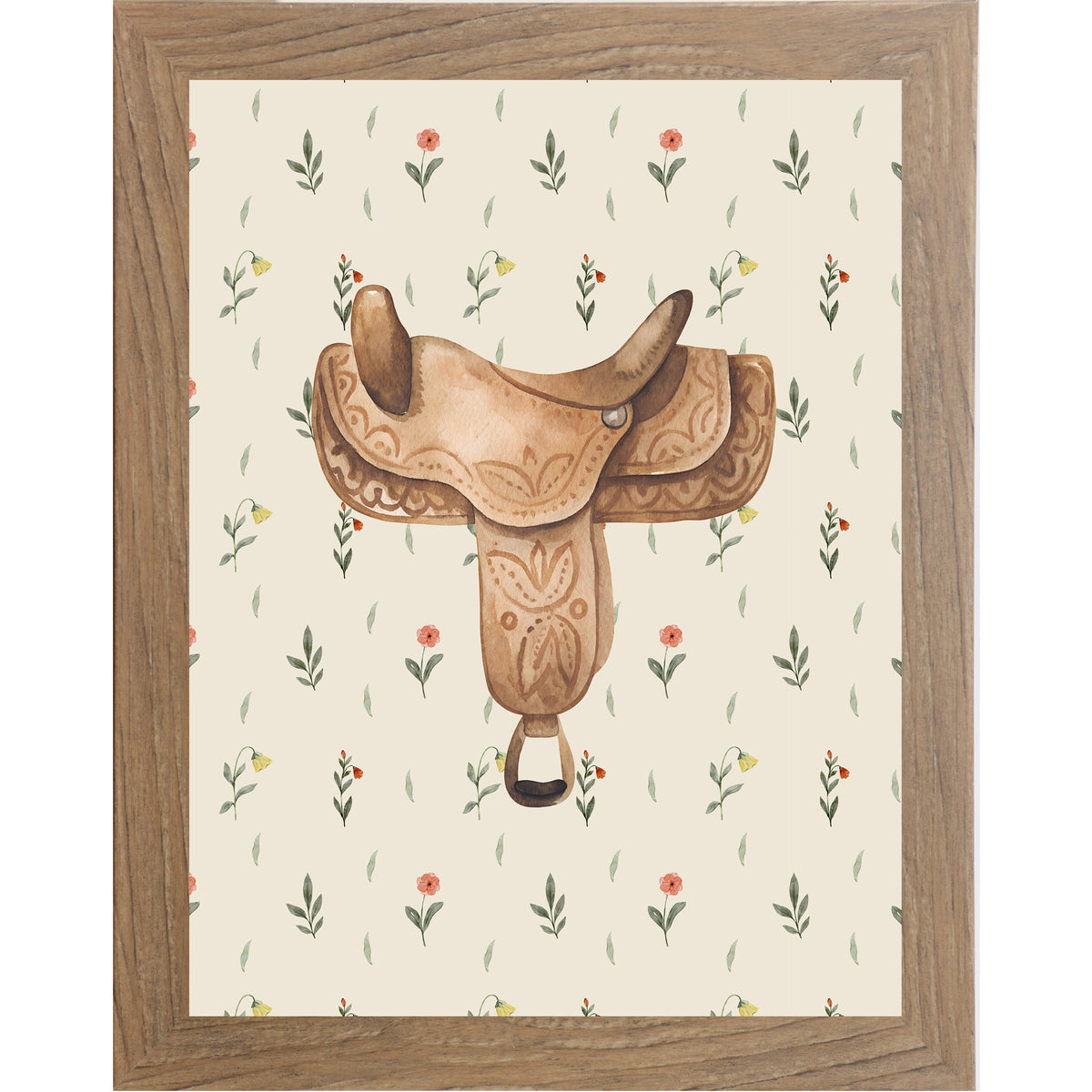 Farmtable framed portrait western saddle wall art with detailed watercolor tooled leather saddle centered on soft cream scattered wildflower floral background — equestrian cowgirl decor