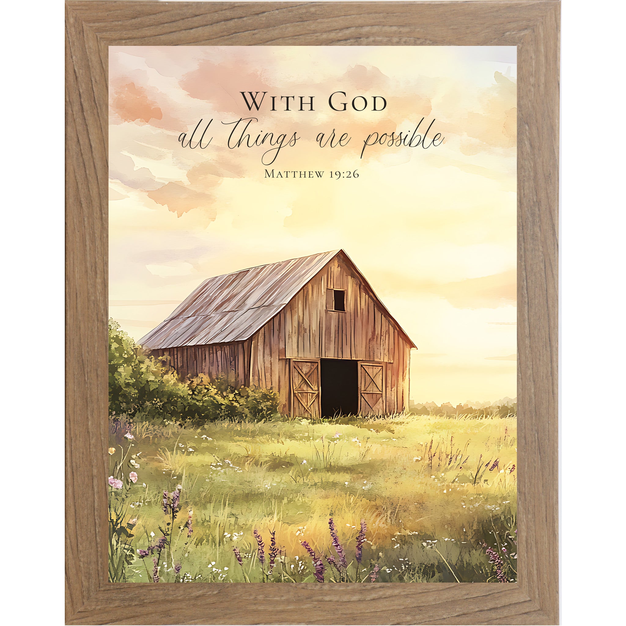 Farmtable framed portrait Christian wall art featuring watercolor farmhouse barn in lavender wildflower meadow with luminous golden sunrise sky and the words "With God All Things Are Possible Matthew 19:26" — SB256