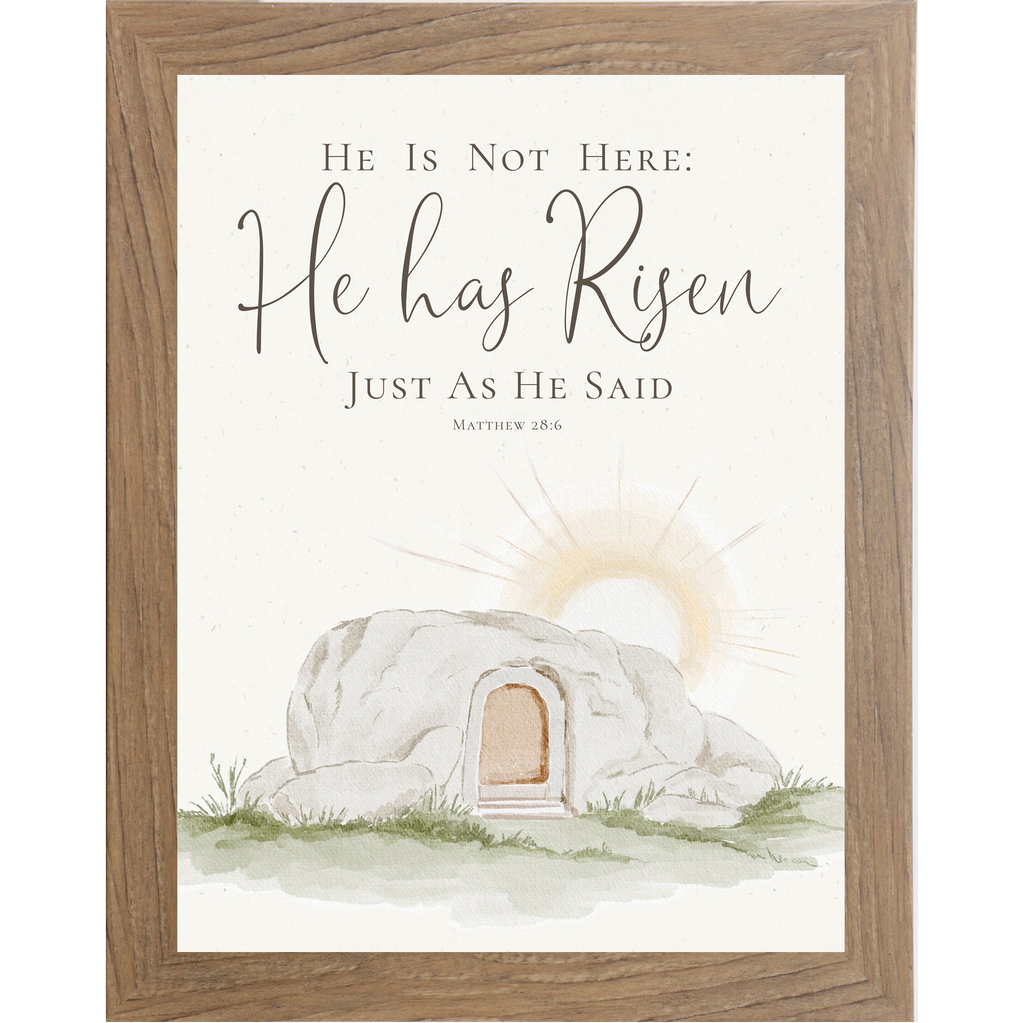 Vertical He Has Risen wall art featuring Matthew 28:6 scripture above a watercolor empty tomb at sunrise on a neutral background.