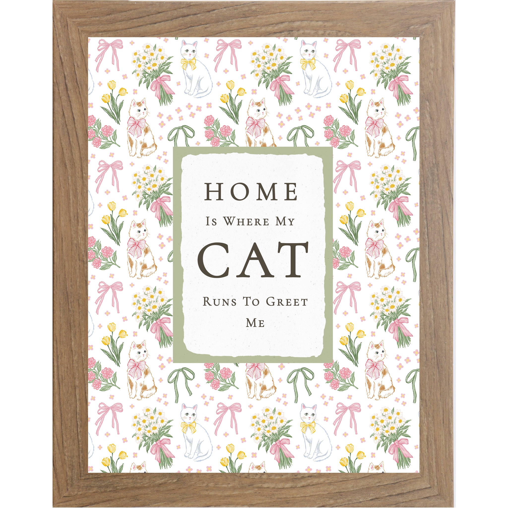 Farmtable Vertical cat lover wall art with pink floral bows and white and calico cats surrounding the phrase Home Is Where My Cat Runs To Greet Me on neutral background.