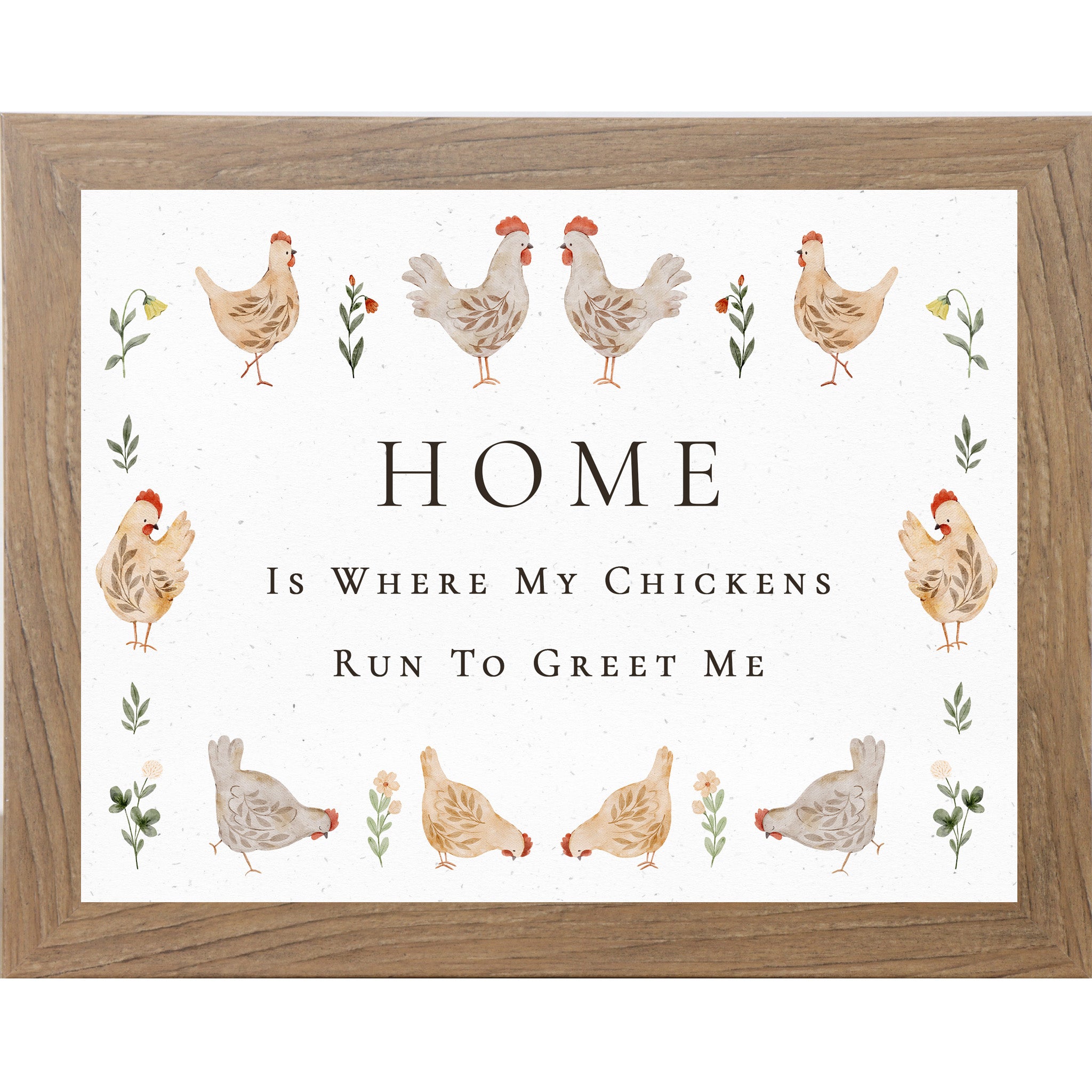 Farmhouse chicken wall art with watercolor hens and the quote Home is where my chickens run to greet me on a neutral background.