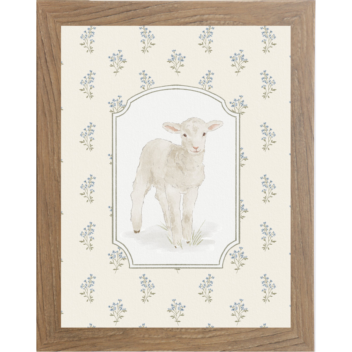 Vertical lamb wall art with soft blue florals on a neutral beige background in a framed Easter faith decor design.
