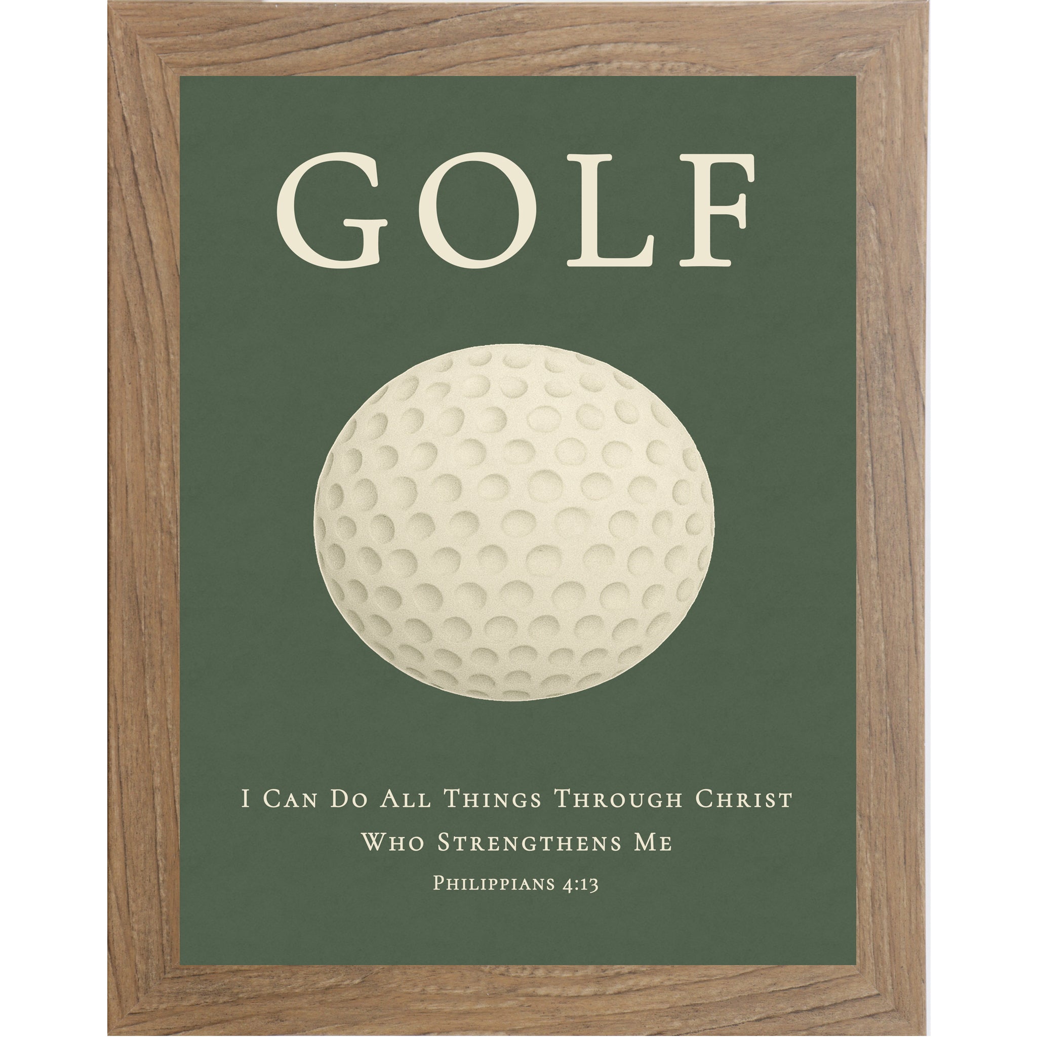 Farmtable Color Framed Christian golf wall art featuring a golf ball with the Bible verse Philippians 4:13 on a green background.