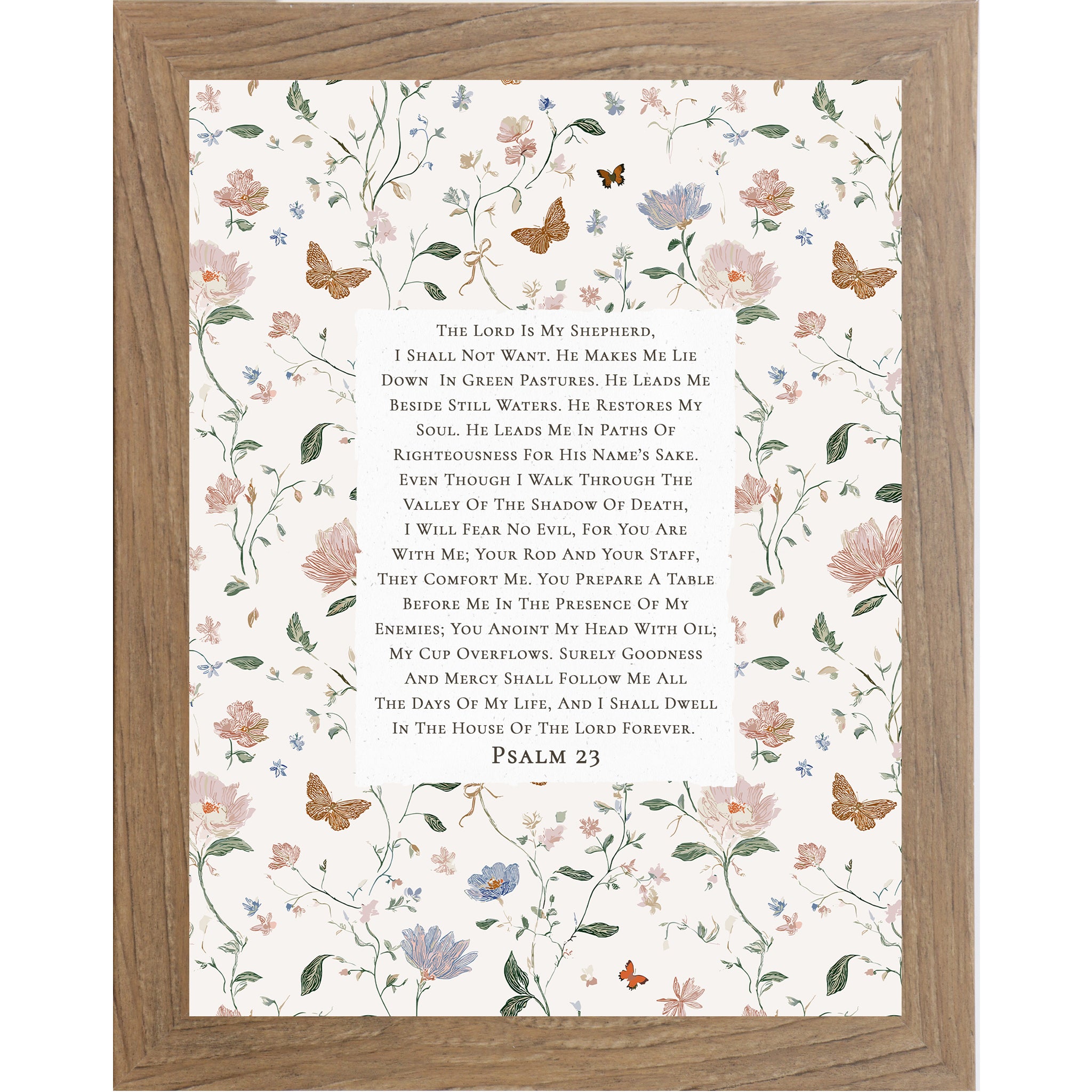 Vertical framed Psalm 23 wall art featuring full scripture on neutral center panel surrounded by soft pastel floral and butterfly pattern, Christian decor in multiple vertical sizes.
