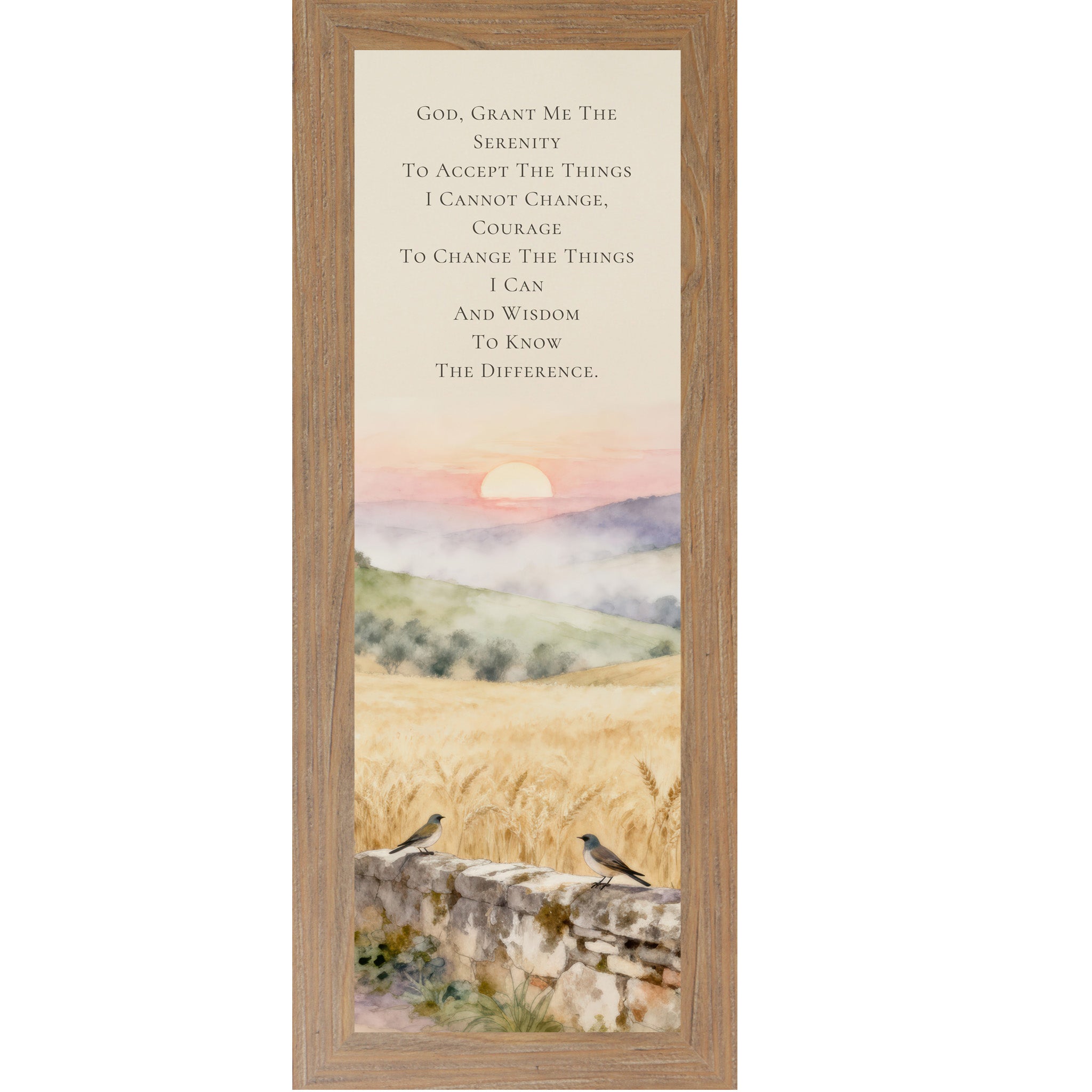 Farmtable framed narrow portrait Serenity Prayer wall art with Tuscan sunrise watercolor landscape two bluebirds on stone wall and golden wheat fields — Italian Christian scripture decor