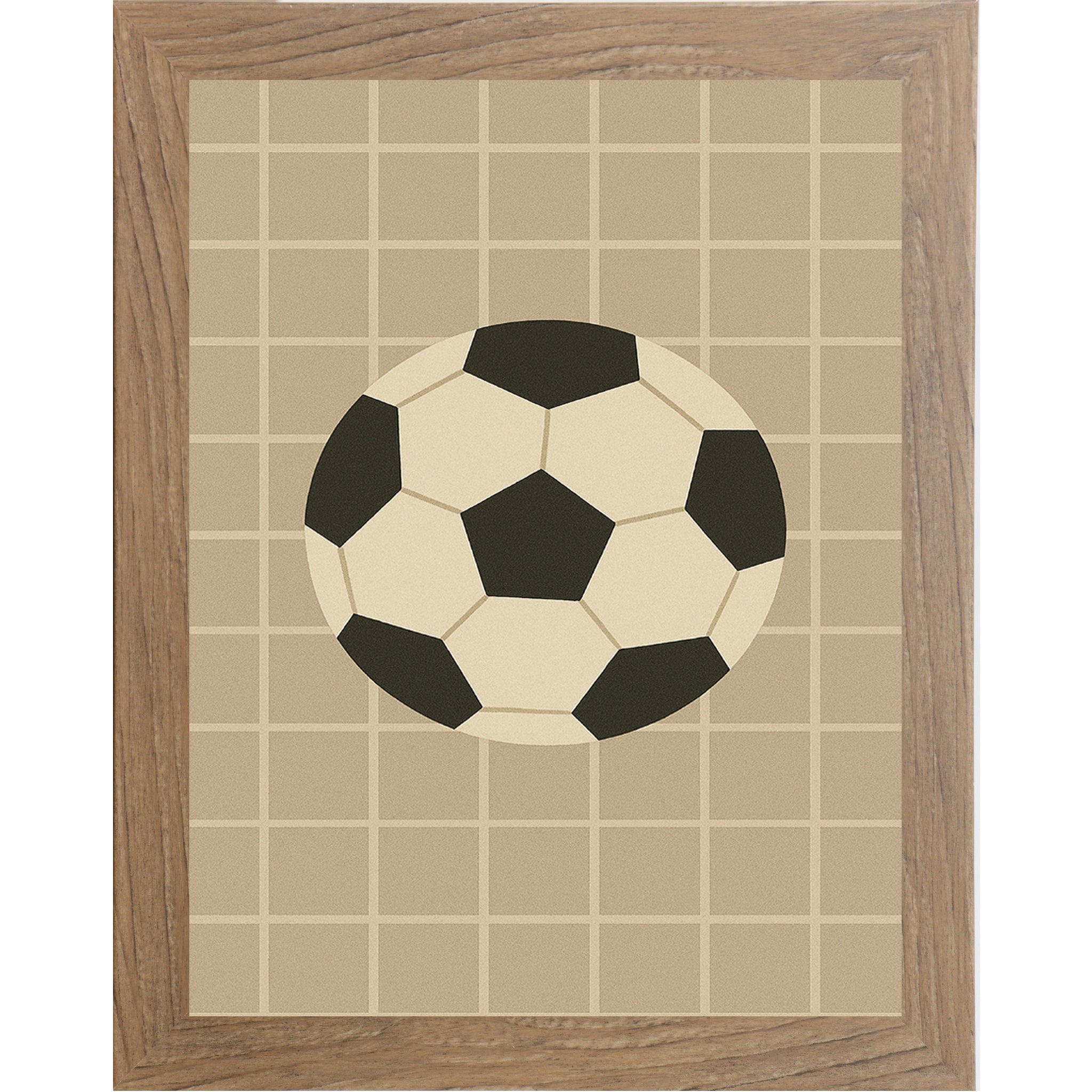 Farmtable Frame Color Soccer ball wall art featuring a black and white soccer ball centered on a tan grid background.