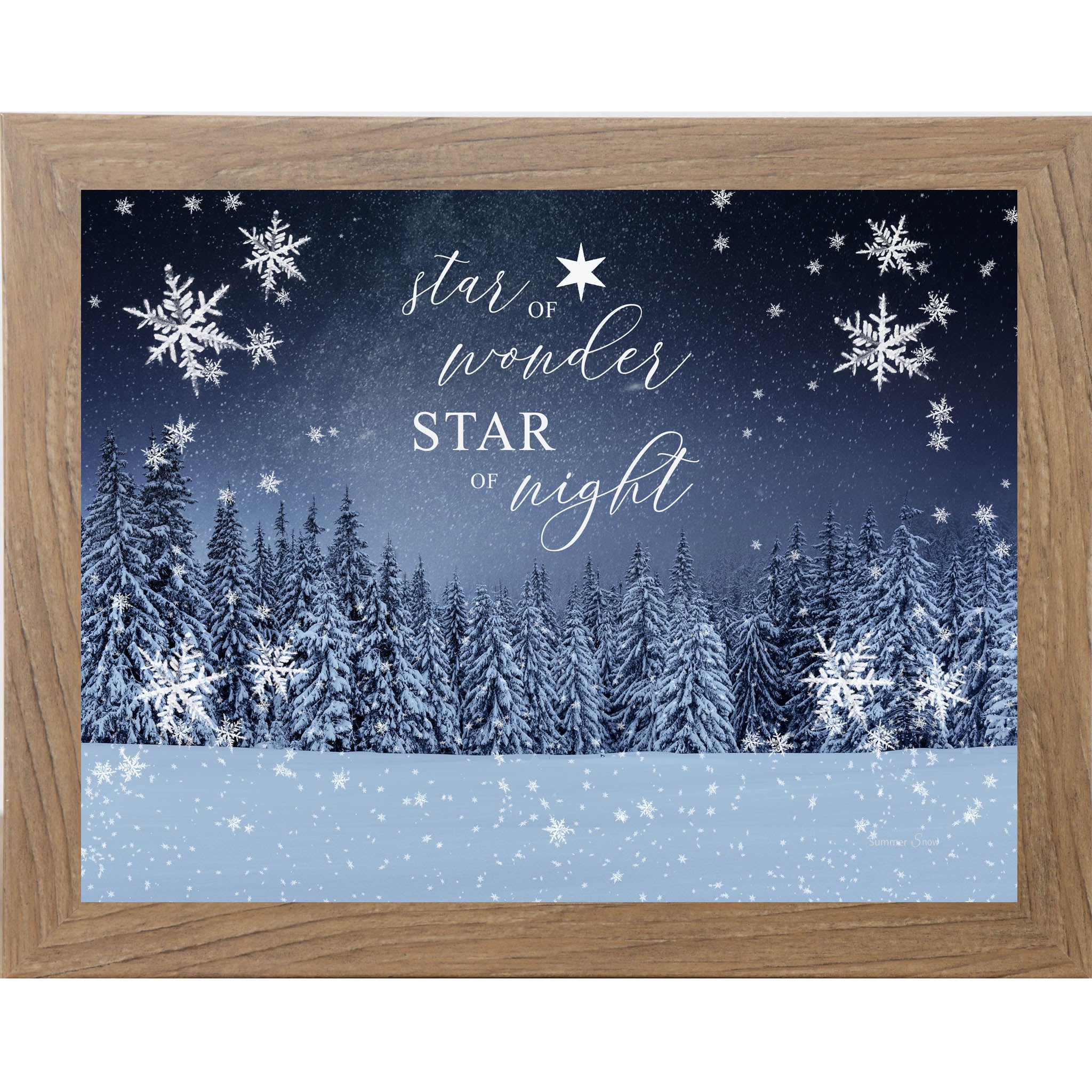 Winter forest Christmas wall art featuring snowy evergreen trees under a starry night sky with the phrase Star of Wonder Star of Night in elegant script.