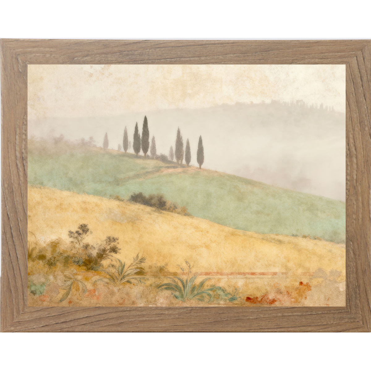 Farmtable framed landscape Tuscan wall art with misty cypress trees on rolling golden wheat fields and distressed fresco botanical border — Italian countryside watercolor decor