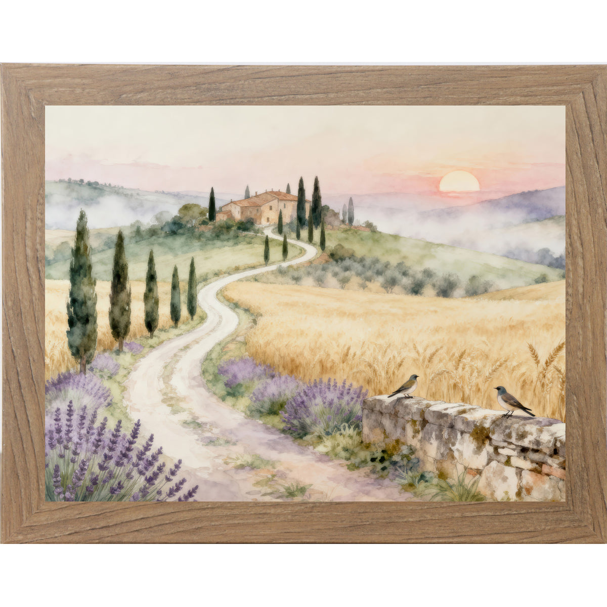 Farmtable framed landscape Tuscan watercolor wall art with winding road cypress trees lavender fields and villa at sunrise with two bluebirds on stone wall — triptych center piece