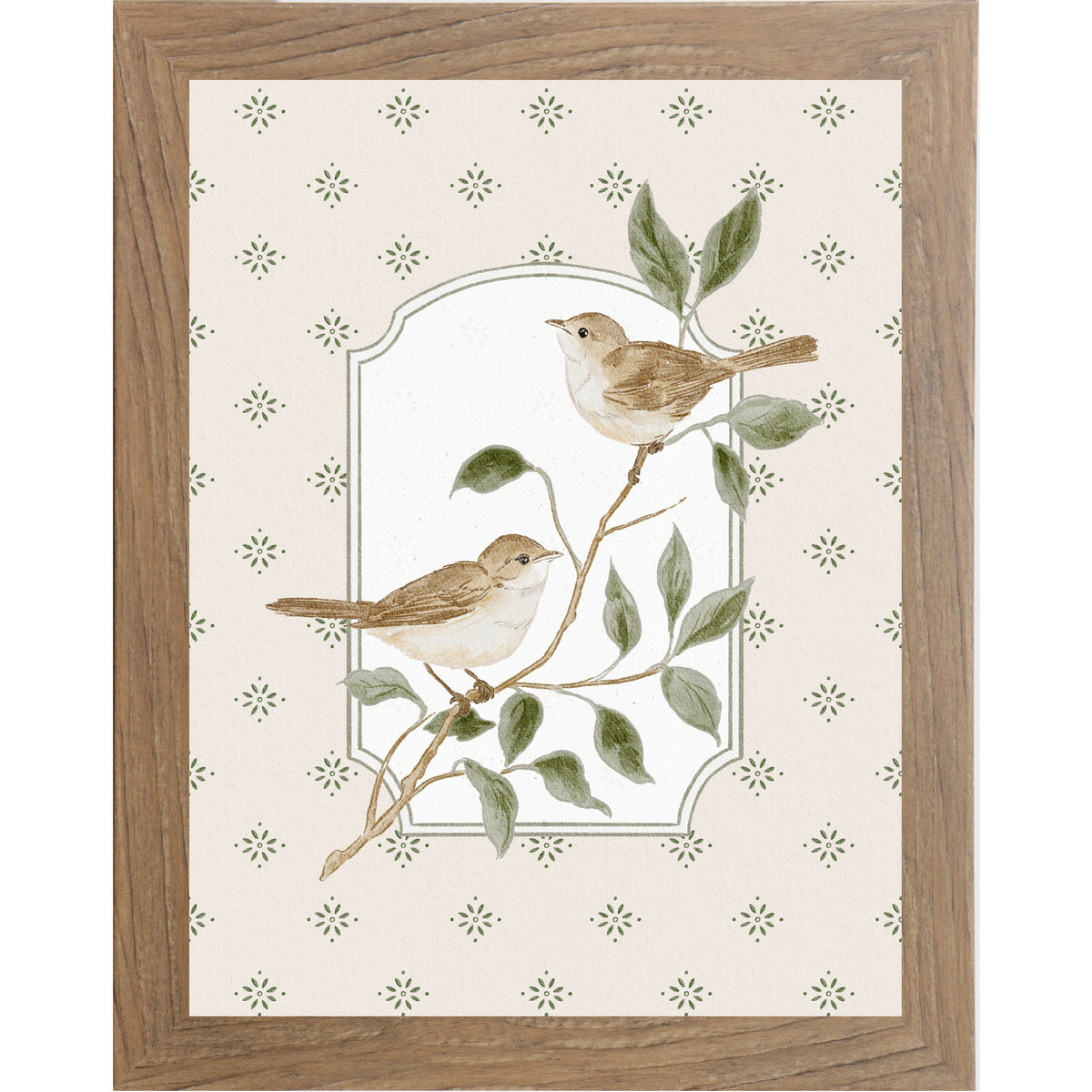 Farmtable Color Frame Vertical botanical bird wall art featuring two tan sparrows on branch with soft neutral star pattern background inside decorative frame panel.