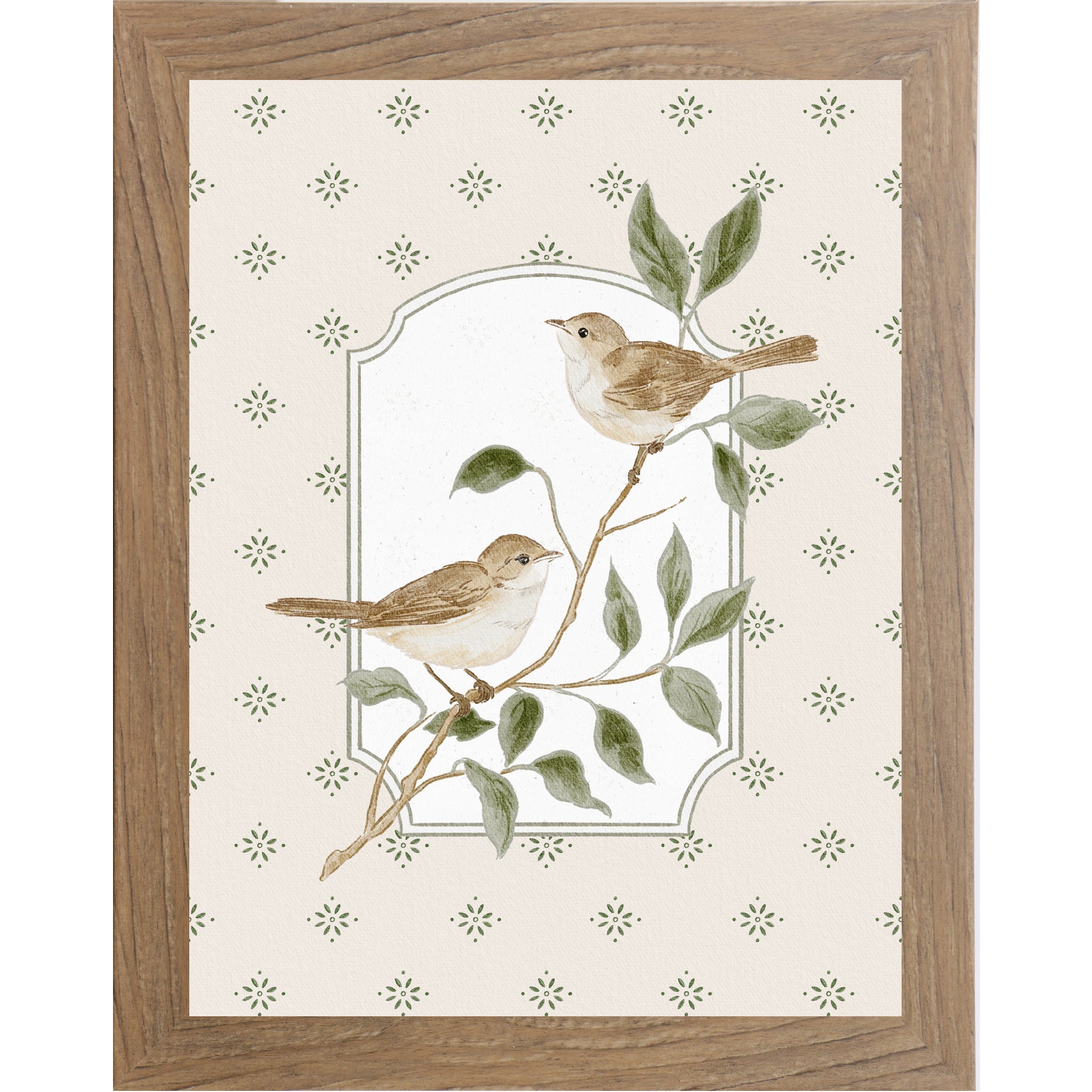 Farmtable Color Frame Vertical botanical bird wall art featuring two tan sparrows on branch with soft neutral star pattern background inside decorative frame panel.