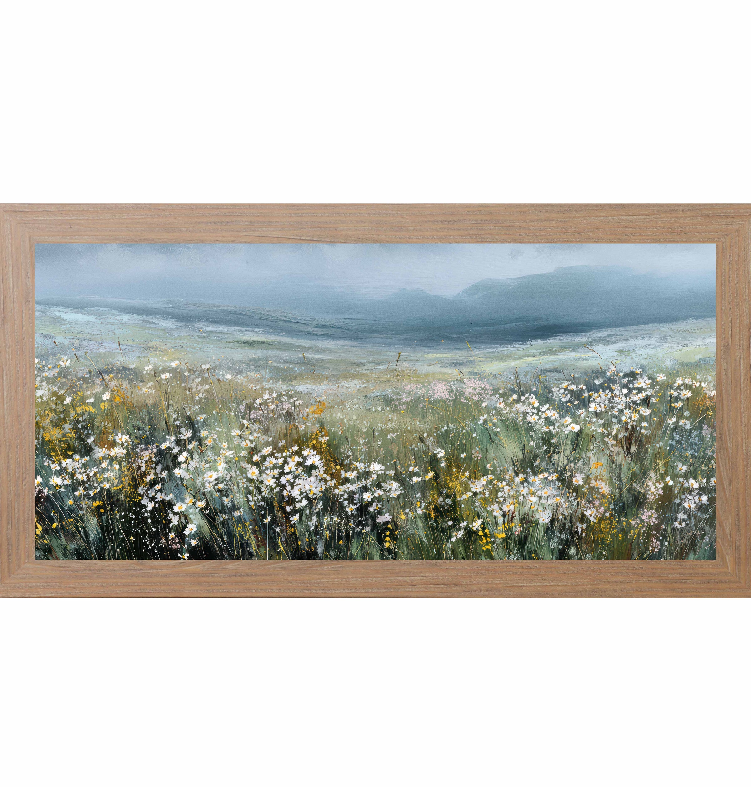 Farmtable frame color Watercolor wildflower meadow landscape framed wall art featuring rolling green hills and white blossoms beneath a soft blue sky in a wide horizontal format.