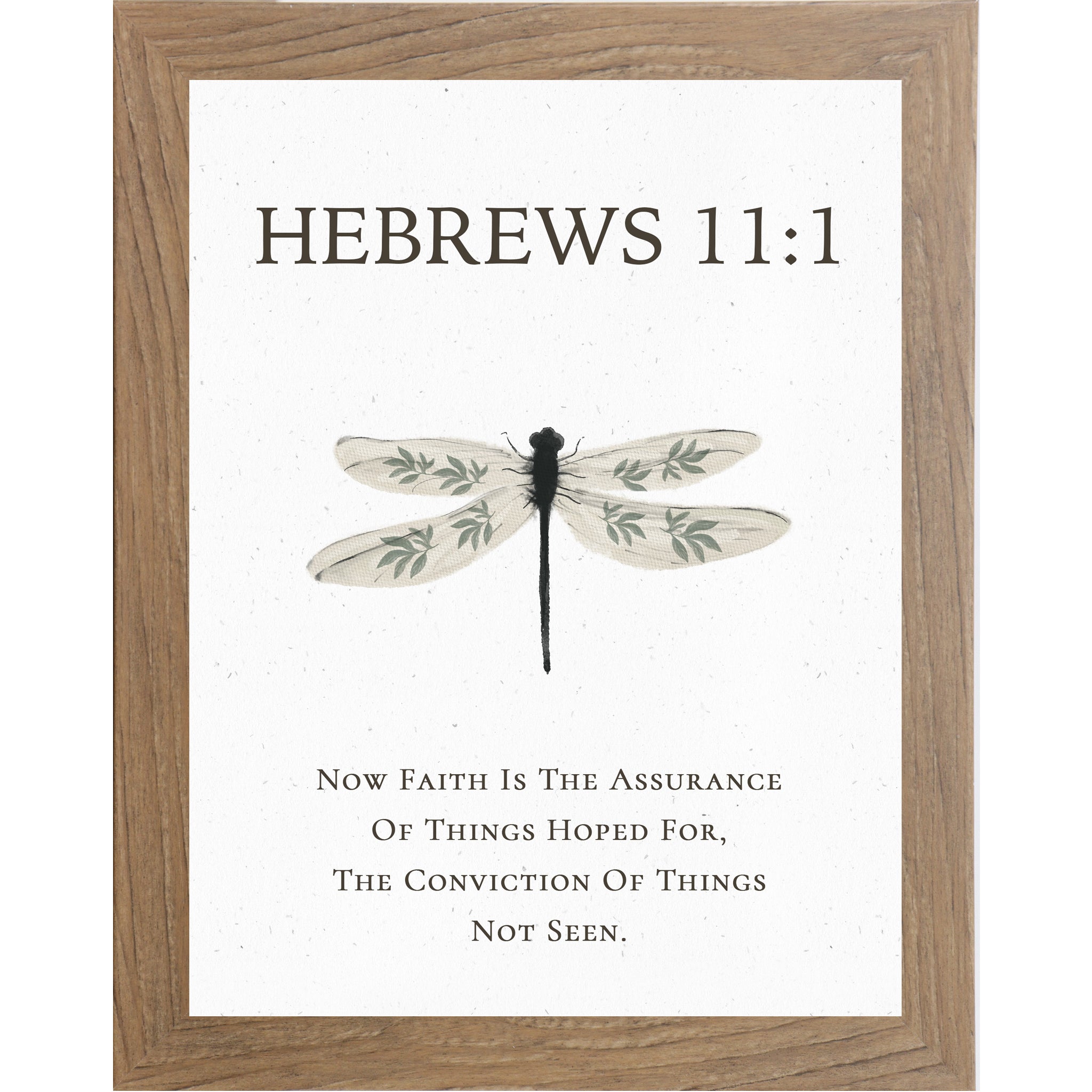 Hebrews 11:1 Christian dragonfly wall art featuring a large watercolor dragonfly with botanical wing details on a neutral white background, framed decor available in multiple sizes.