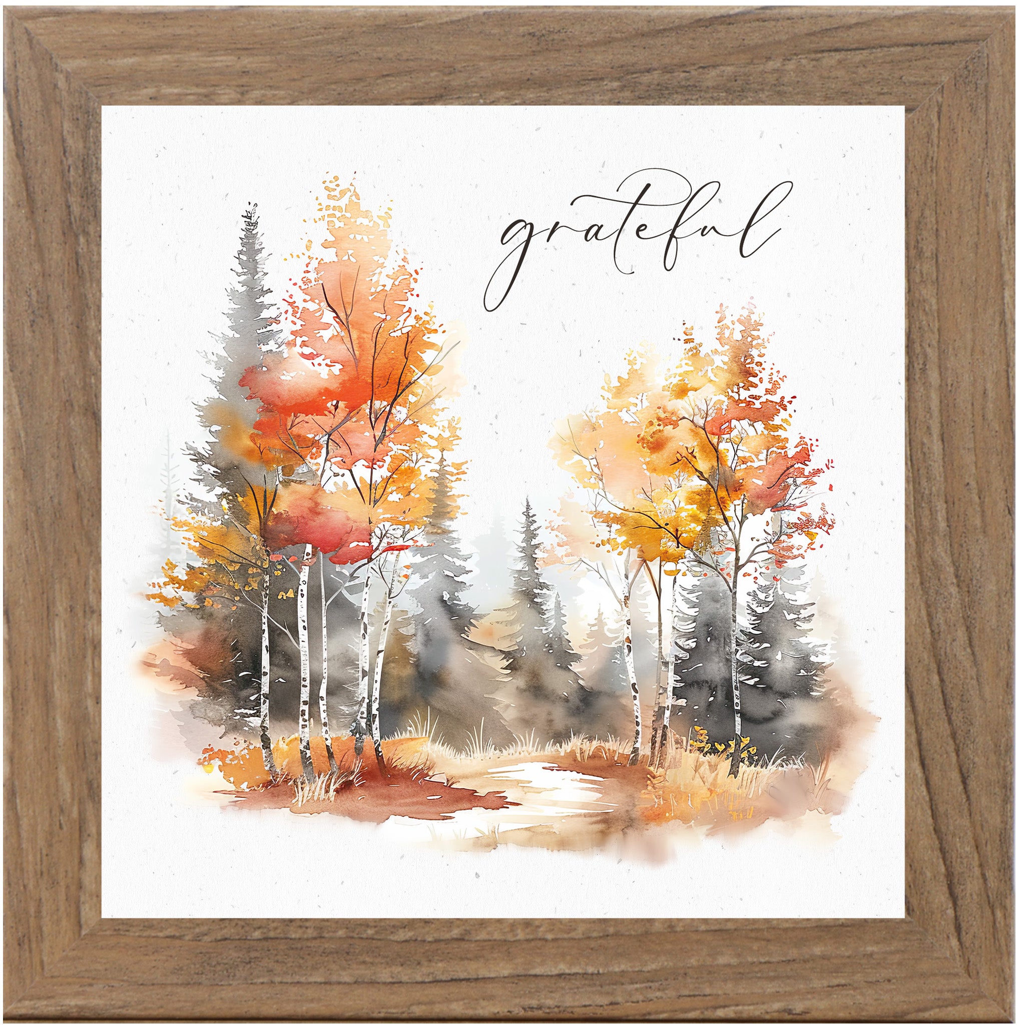 Farmtable framed square fall wall art featuring watercolor autumn birch pine and deciduous forest in vivid red orange and gold tones with elegant script word Grateful on soft white background — SN171