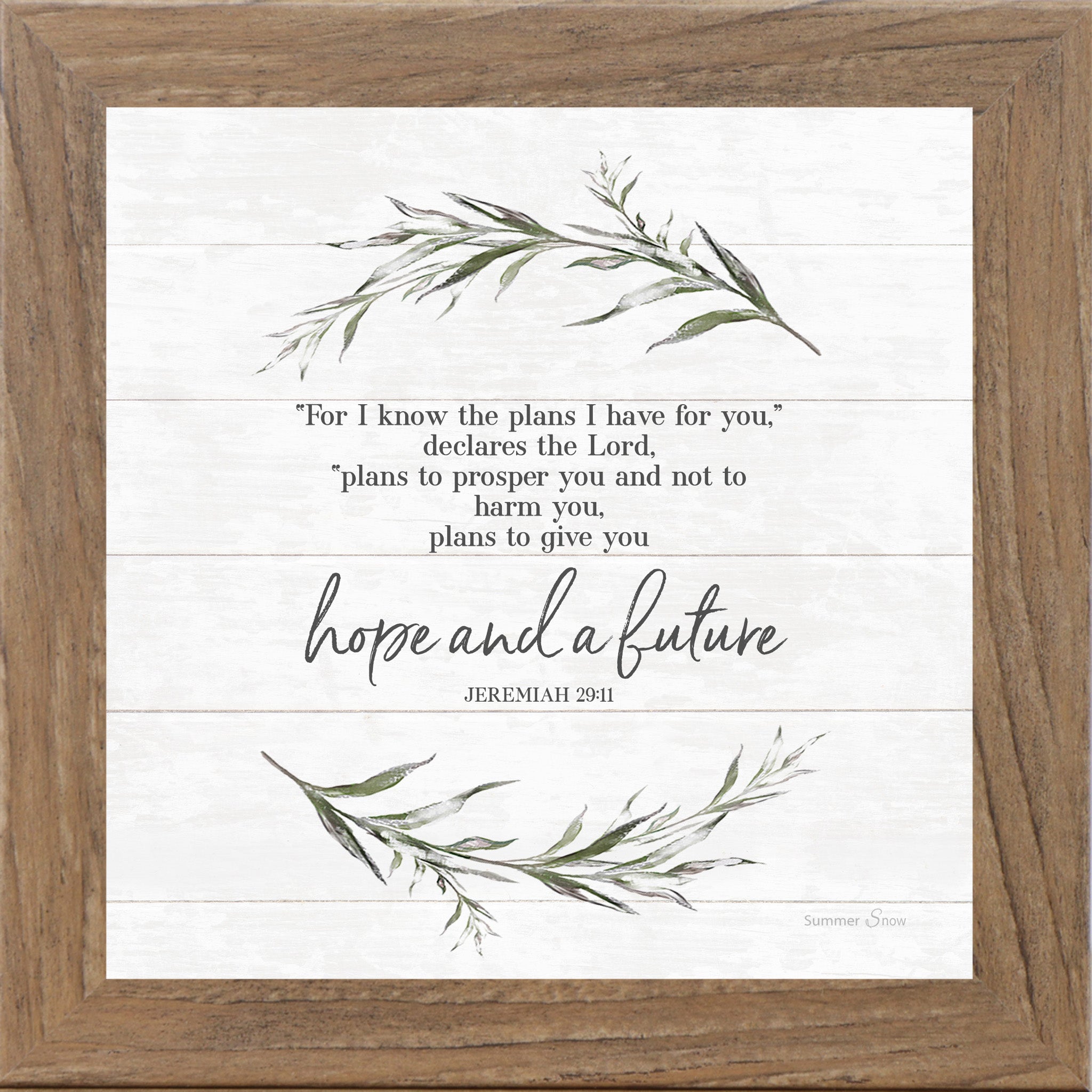 Farmtable framed square Christian scripture wall art on shiplap white background with watercolor eucalyptus branches and full Jeremiah 29:11 verse ending in hope and a future — SS911
