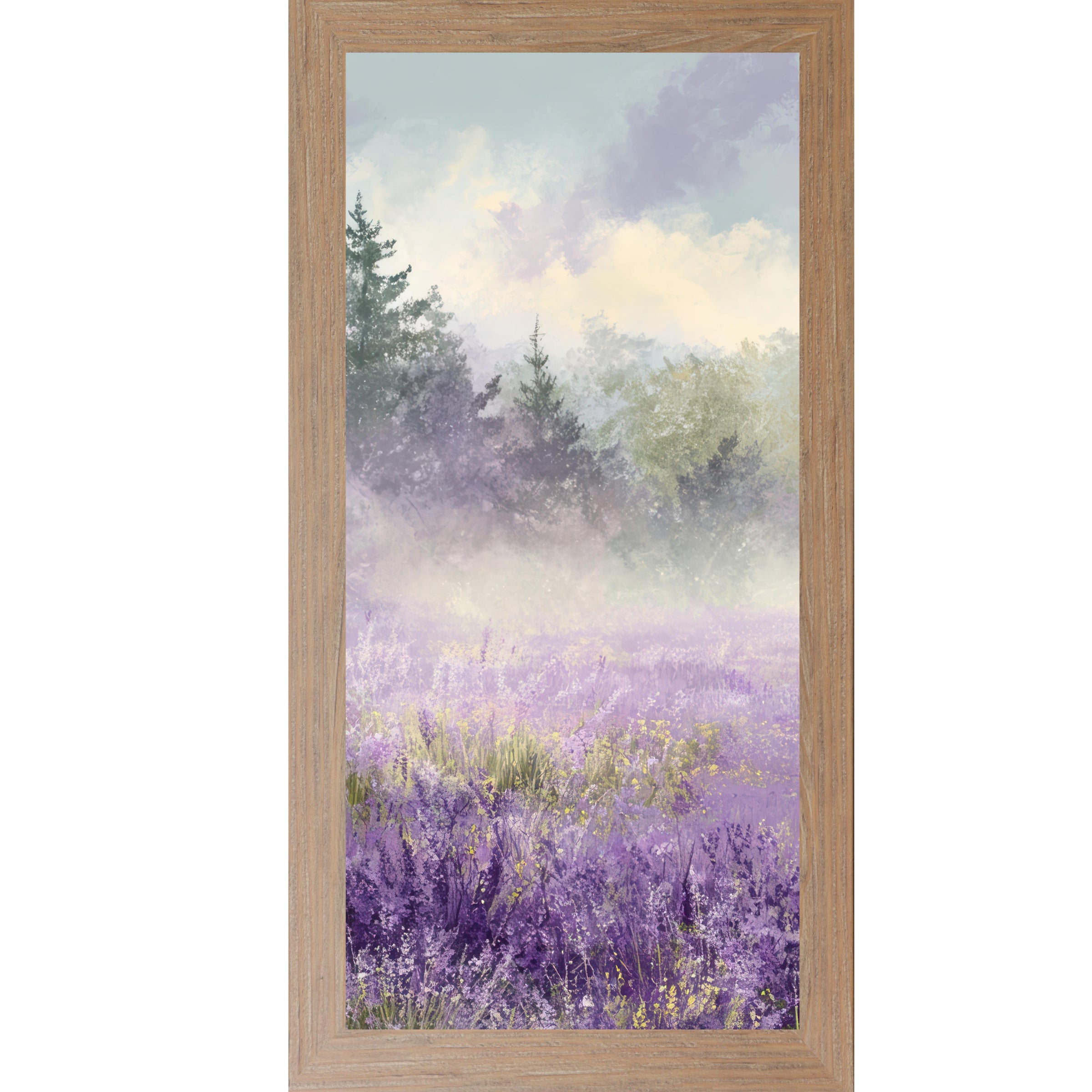 Farmtable framed tall portrait floral wall art featuring a misty lavender wildflower field with two dark evergreen trees upper left and golden light breaking through a dramatic violet sky — Lavender Field Left Panel SB746