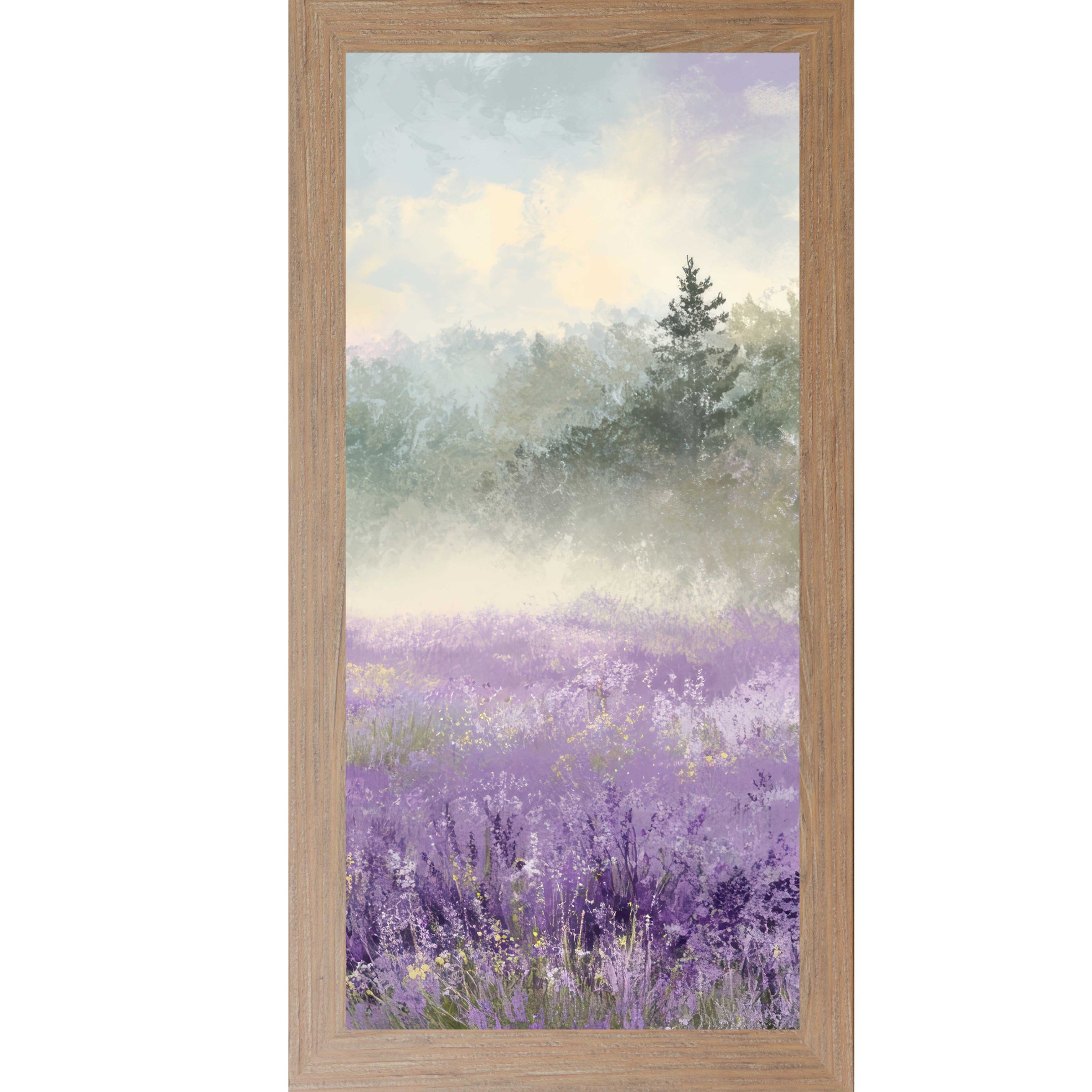 Farmtable framed tall portrait floral wall art featuring a misty lavender wildflower field with a single dark evergreen tree upper right and warm golden light breaking through a soft blue sky — Lavender Field Right Panel SB747