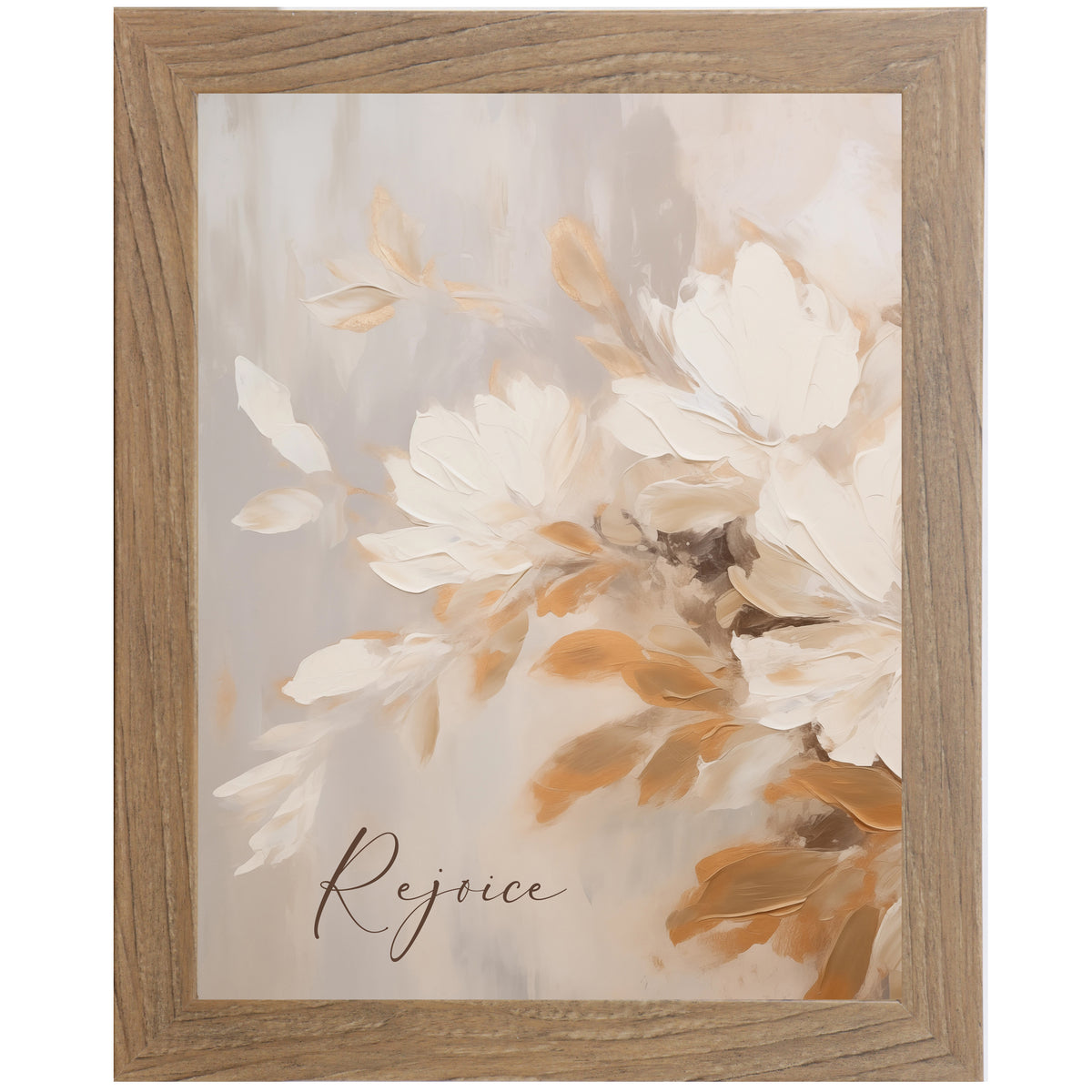 Neutral watercolor floral wall art featuring soft white blossoms with tan and caramel accents, framed and titled Rejoice.