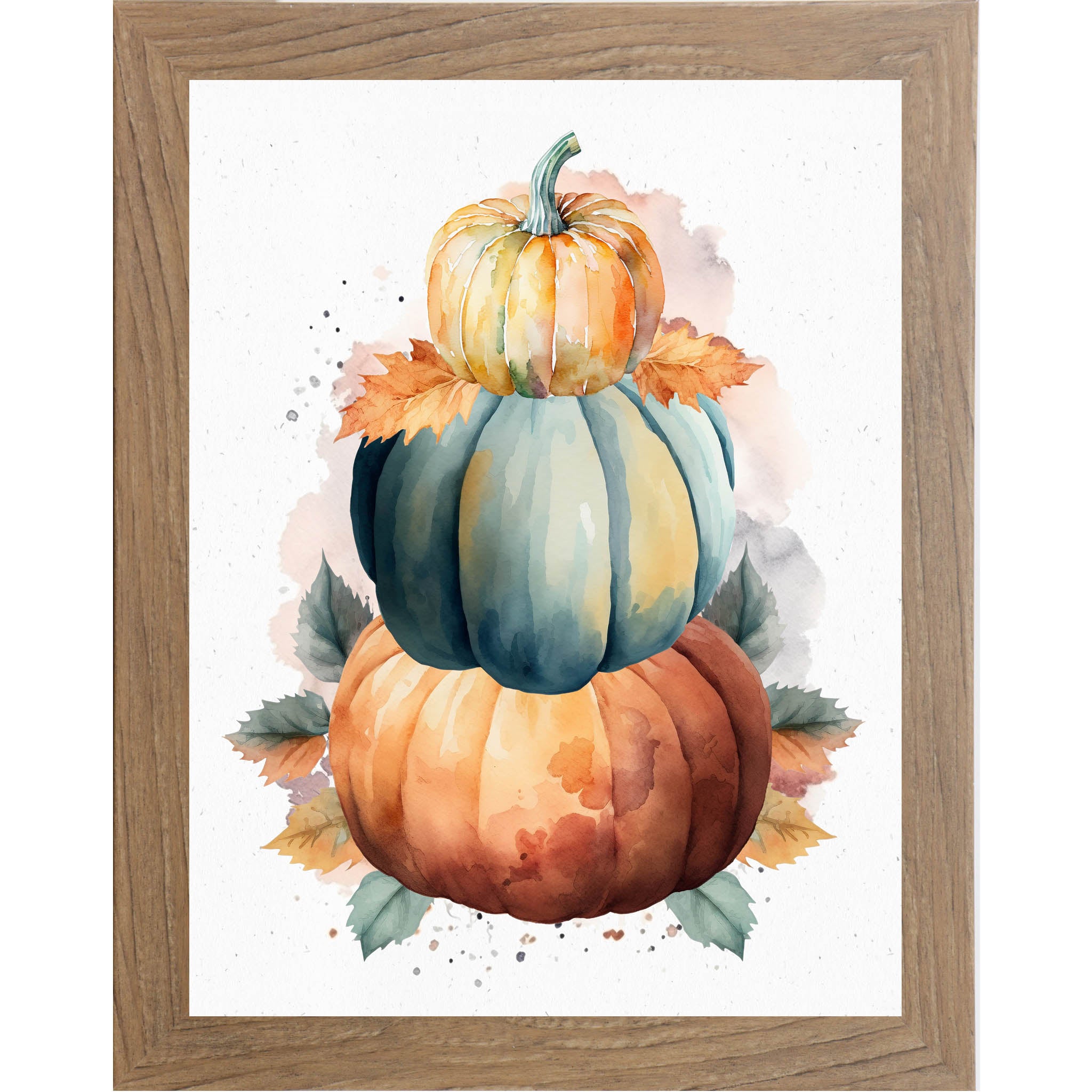 Farmtable framed portrait fall wall art featuring three stacked watercolor pumpkins in bold orange teal and golden yellow with amber green and rust fall leaves on soft white background — NS393