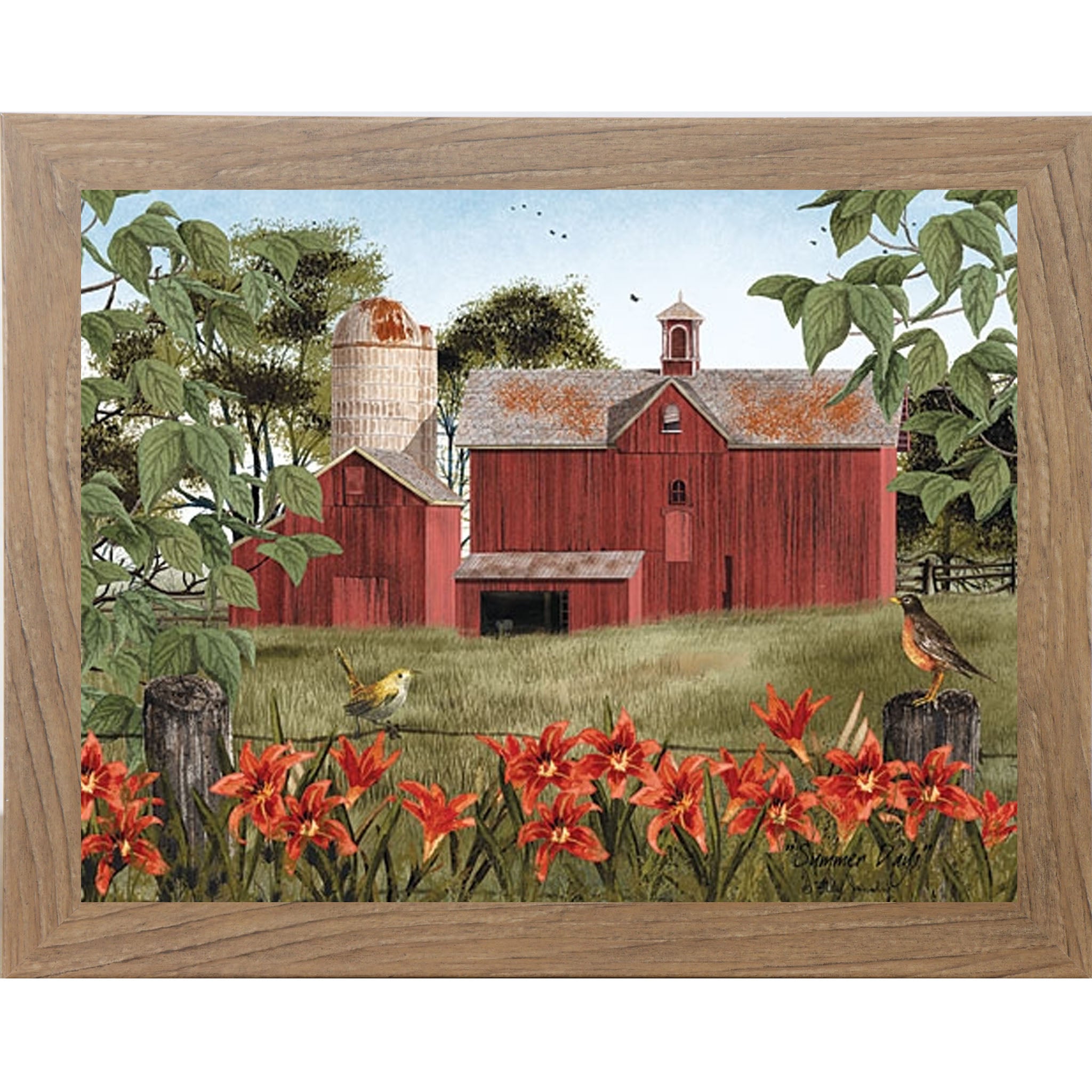 Farmtable framed landscape Billy Jacobs wall art print of a red barn and silo surrounded by orange day lilies and meadowlarks in a lush summer field titled "Summer Days"