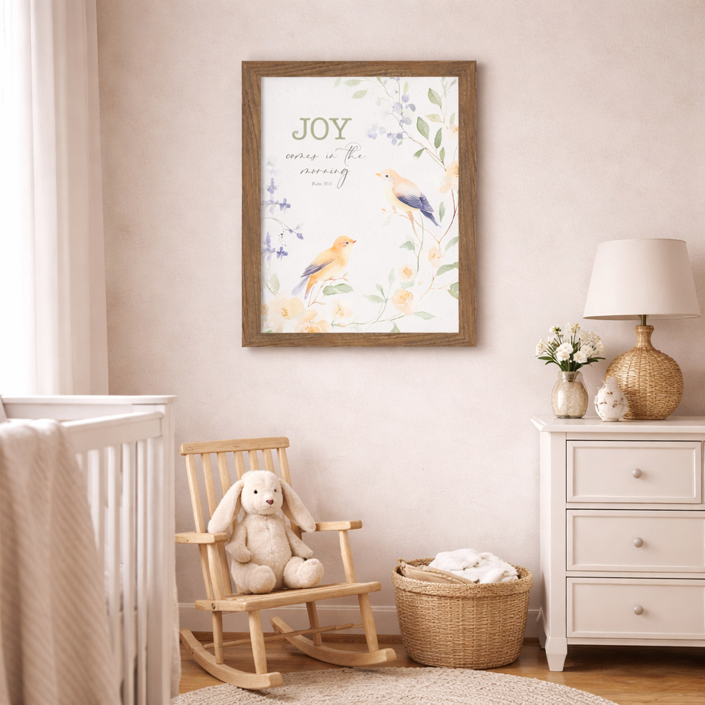 Framed watercolor wall art featuring two small birds perched among floral branches with the scripture “Joy Comes in the Morning – Psalm 30:5” on a neutral textured background. Pictures is a farmtable colored frame in a nursery.