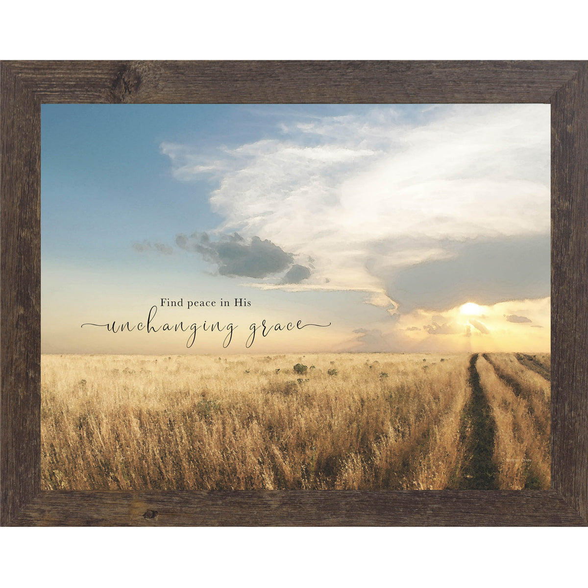Christian landscape wall art featuring a wheat field at sunrise with the words “Find Peace in His Unchanging Grace” beneath a soft blue and white sky