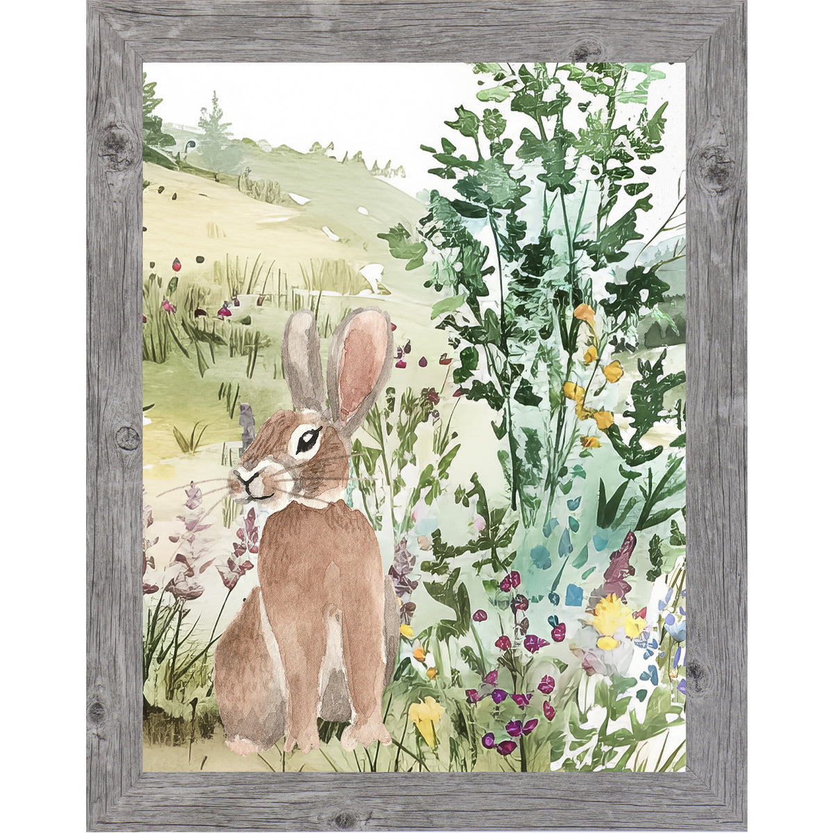 Watercolor bunny standing in a meadow with blooming florals, soft spring colors, no text.