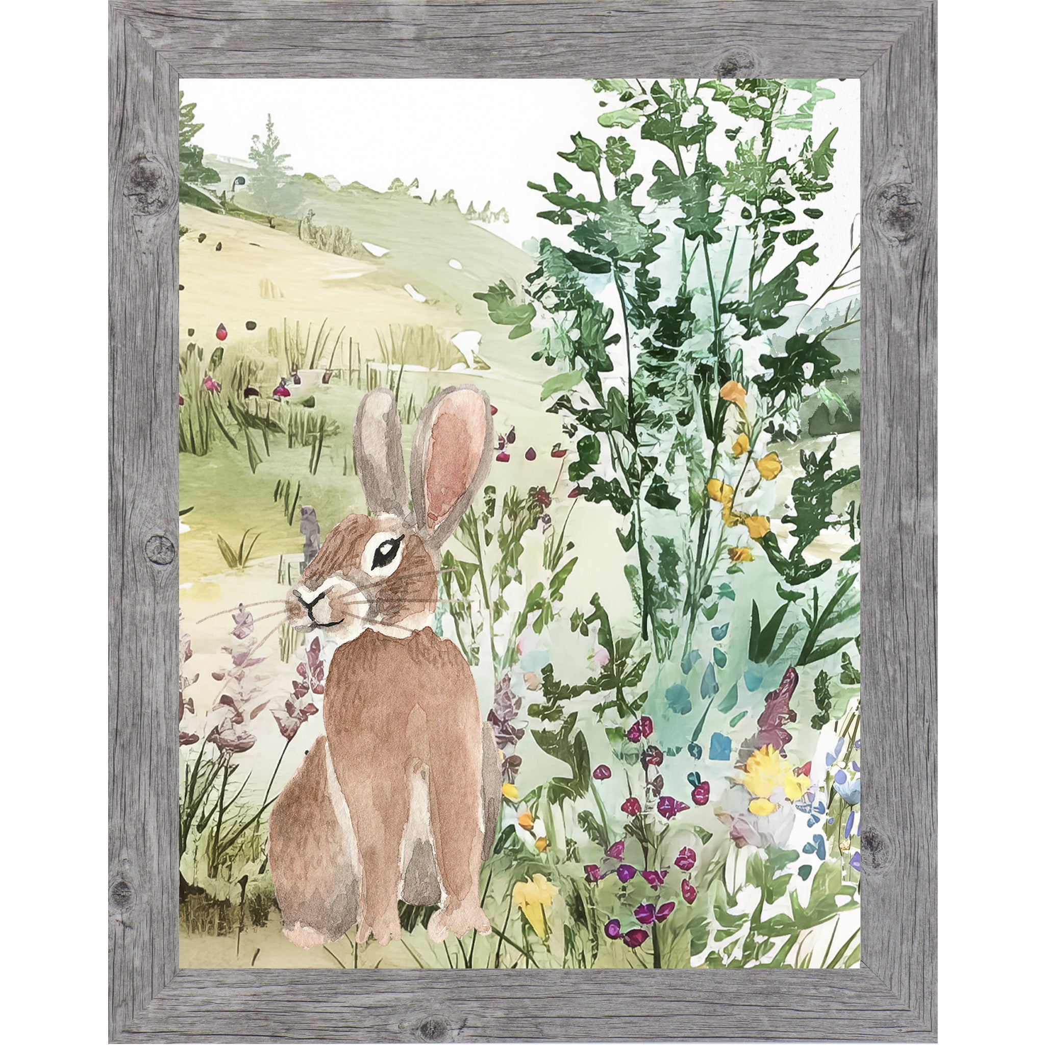 Watercolor bunny standing in a meadow with blooming florals, soft spring colors, no text.