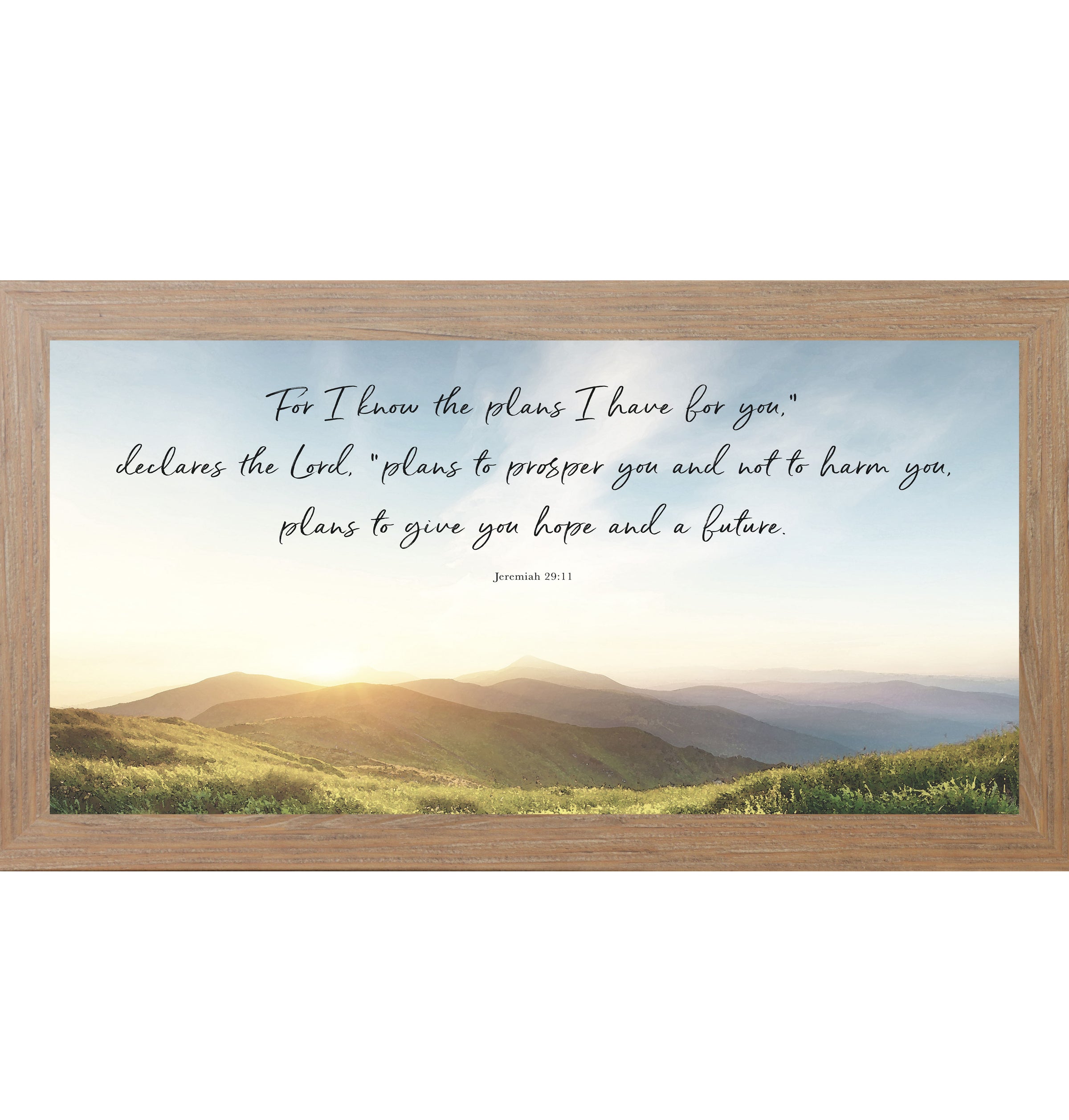 Christian framed wall art featuring Jeremiah 29:11 scripture with a sunrise over mountains and soft sky tones, inspirational faith-based home decor