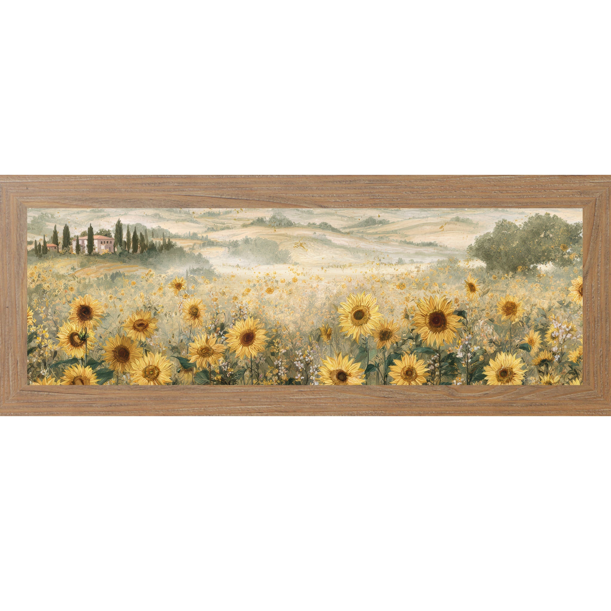Farmtable framed wide landscape Tuscan sunflower wall art featuring golden sunflowers in the foreground with rolling Italian hills, cypress trees, a terracotta villa, and soft misty countryside in the distance