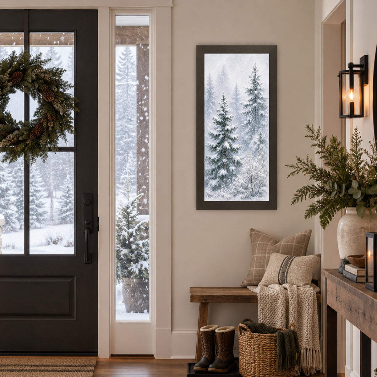 Slatewood framed snowy pine forest wall art displayed in a farmhouse entryway beside a black front door with a pinecone wreath, above a wooden bench with plaid and knit pillows, a cable knit throw, and winter boots