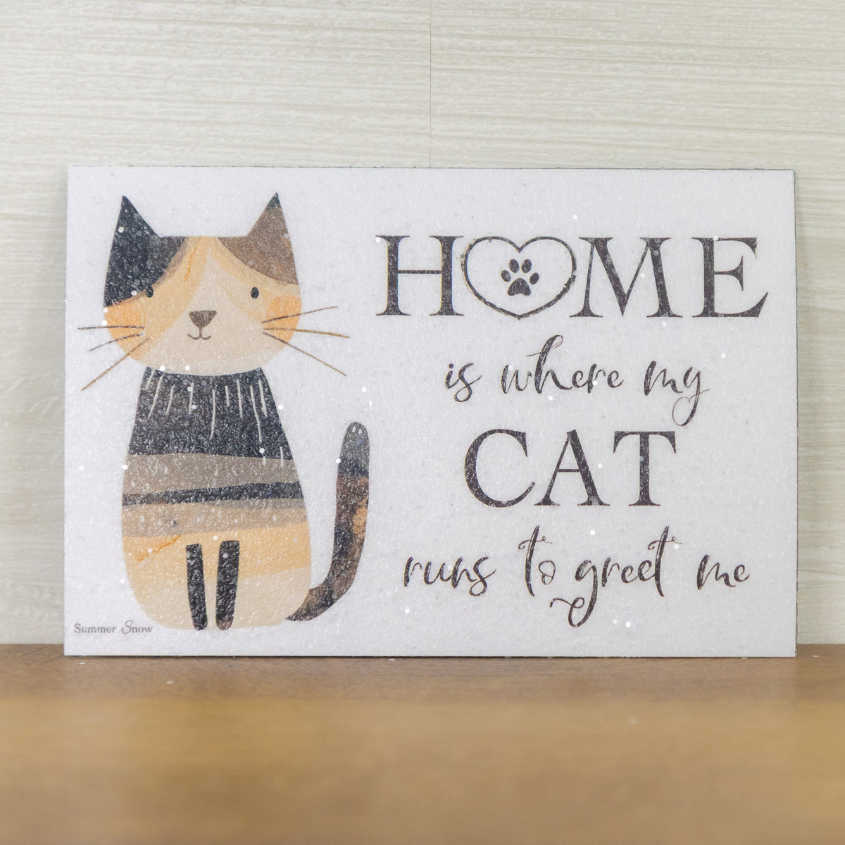 Home Is Where My Cat Runs To Greet Me magnet – 4x6 horizontal cartoon watercolor cat with rosy cheeks and paw-heart “Home” text, glittered finish