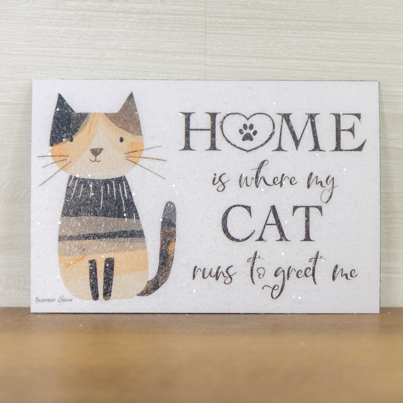 Home Is Where My Cat Runs To Greet Me magnet – 4x6 horizontal cartoon watercolor cat with rosy cheeks and paw-heart “Home” text, glittered finish