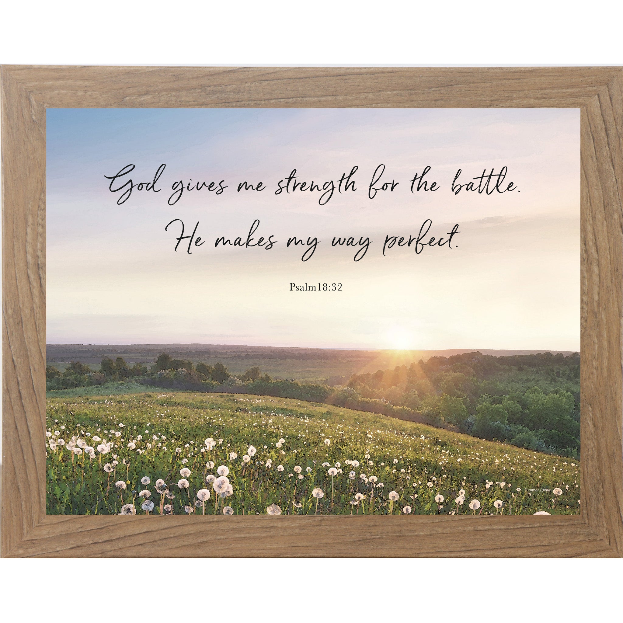 Christian encouragement wall art featuring a peaceful summer field landscape with sunrise and the words “God gives me strength,” inspirational framed scripture decor