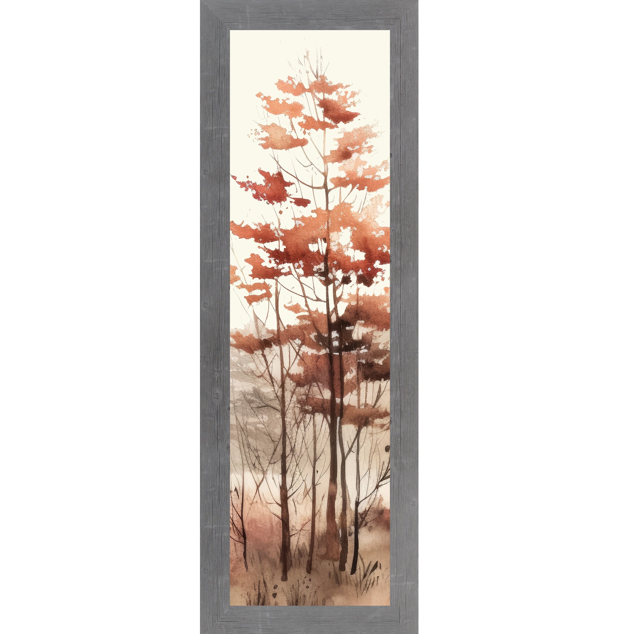 Gray framed narrow portrait fall wall art featuring a cluster of tall autumn trees with russet and burnt orange foliage and bare branches in layered misty watercolor style