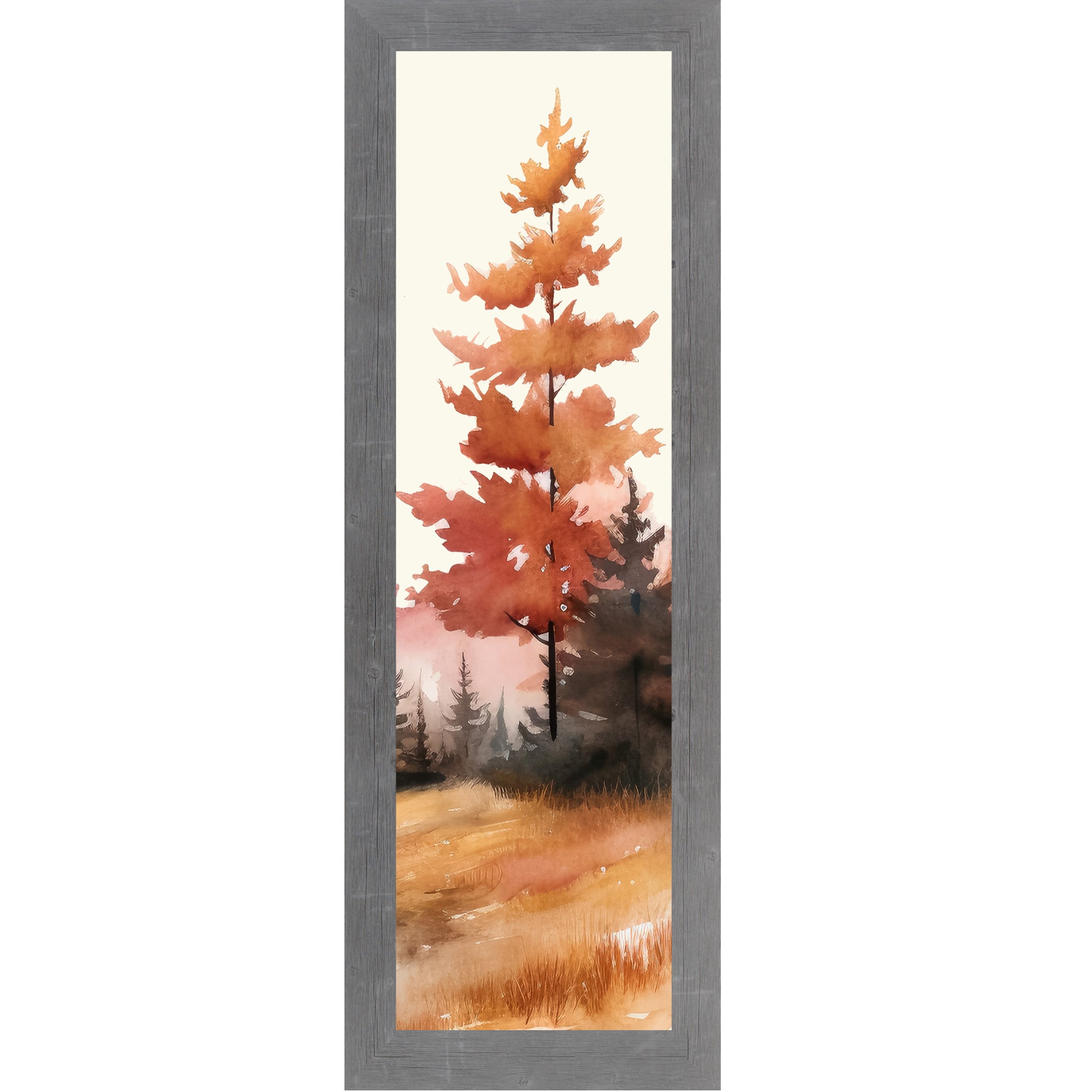 Gray framed narrow portrait fall wall art featuring a single bold pine tree in deep autumn orange and crimson watercolor style with dark misty forest and golden field