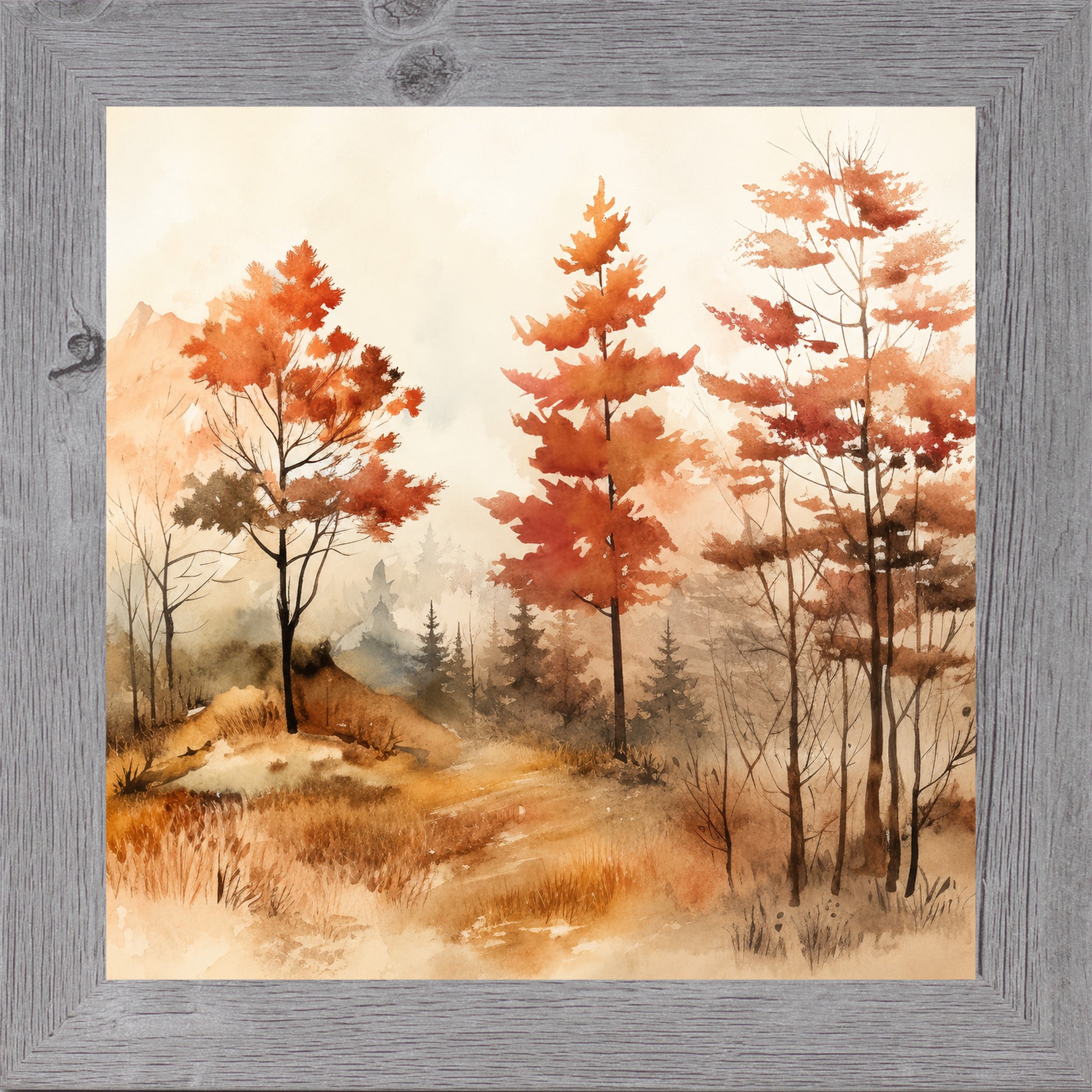 Gray framed square fall wall art featuring three autumn trees in watercolor landscape with burnt orange foliage misty mountains and golden grasses