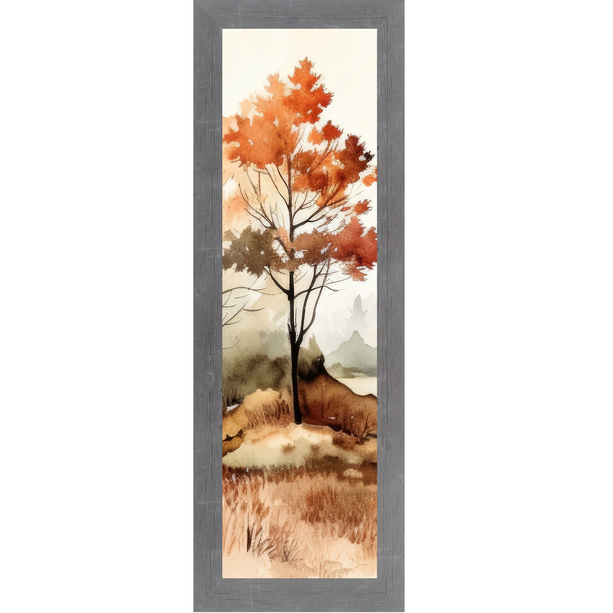 Gray framed narrow portrait fall wall art featuring a single autumn tree in loose watercolor style with burnt orange canopy misty mountains and golden grasses