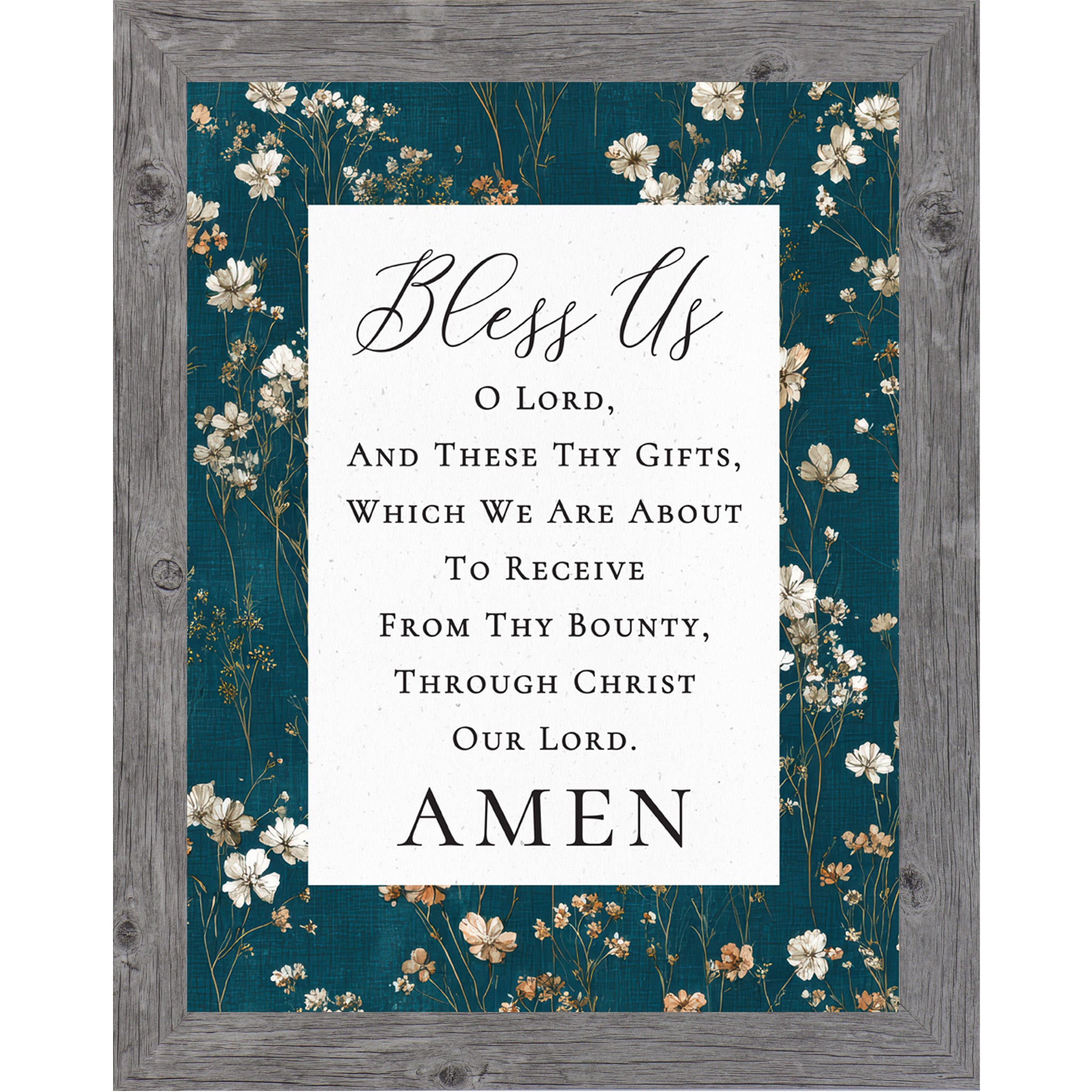 Gray framed portrait Catholic prayer wall art with teal floral botanical border and white center panel with Bless Us O Lord mealtime prayer text in elegant script