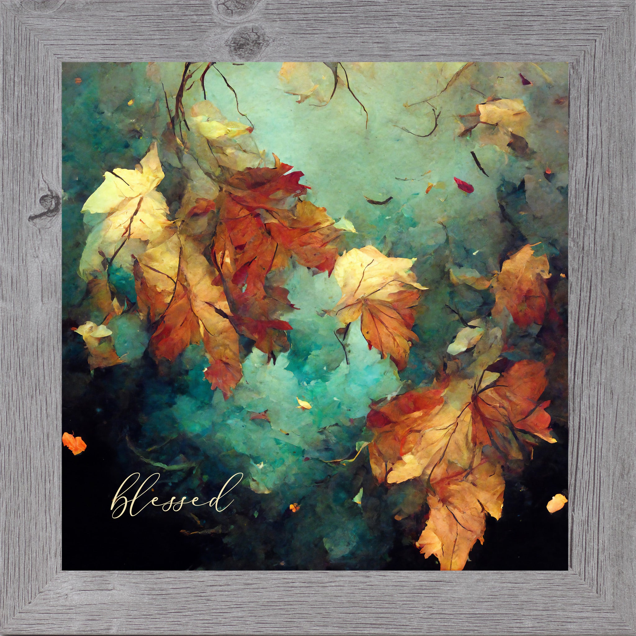Gray framed square fall wall art featuring teal watercolor autumn maple leaves in amber and burnt orange with the word "blessed" in gold script — Blessed SB305