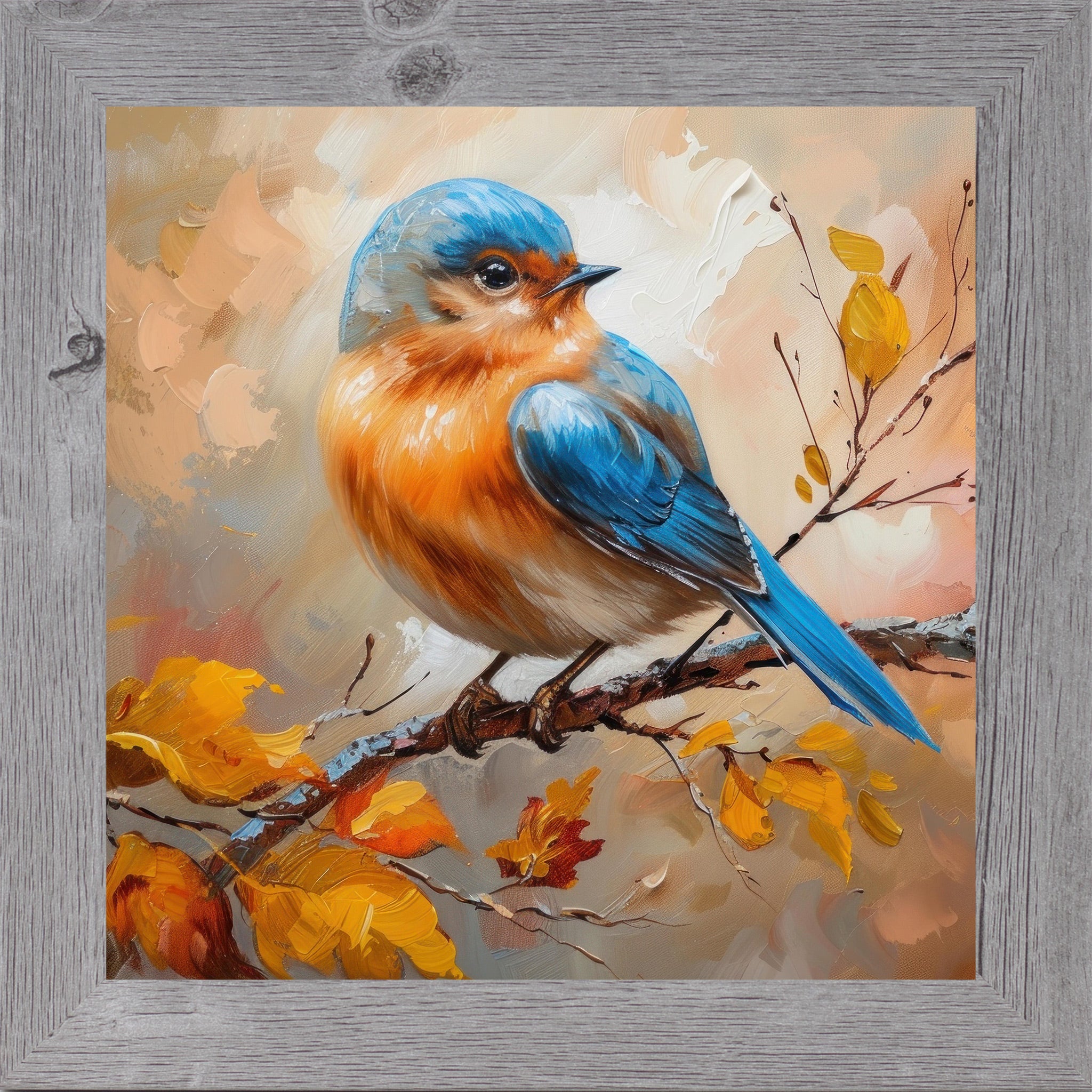 Gray framed square bluebird autumn wall art featuring vivid blue orange and cream bluebird in oil painted impasto style perched on autumn branch with golden amber and rust fall leaves on warm peach background — NS27