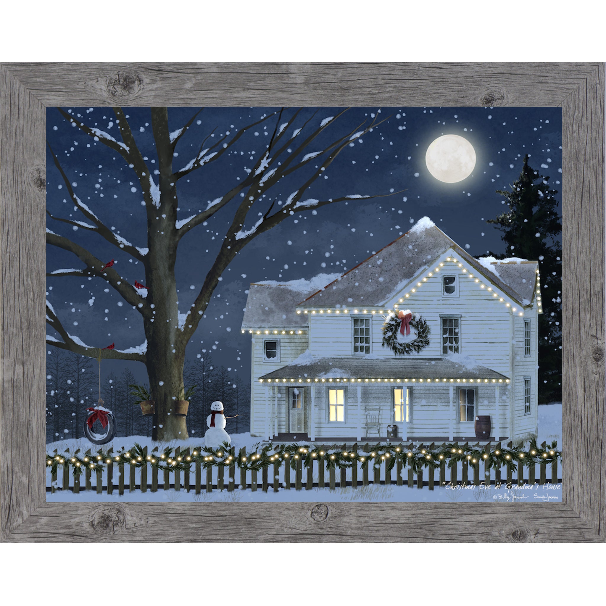 ray framed Billy Jacobs Christmas Eve at Grandma's House wall art featuring a glowing white farmhouse with string lights wreath and snowman under a full moon in a midnight blue snowy sky with cardinals in a bare tree