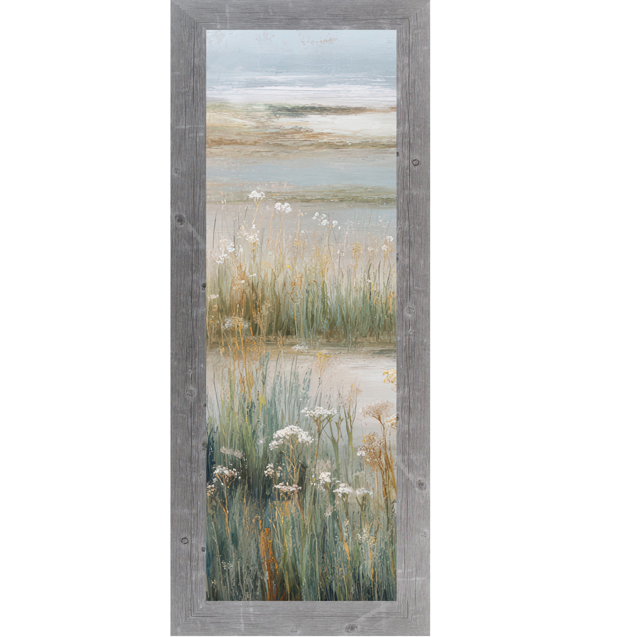 Gray framed narrow portrait coastal marsh wall art with dense teal marsh grasses white Queen Anne's Lace wildflowers and misty tidal flat — left panel of coastal triptych
