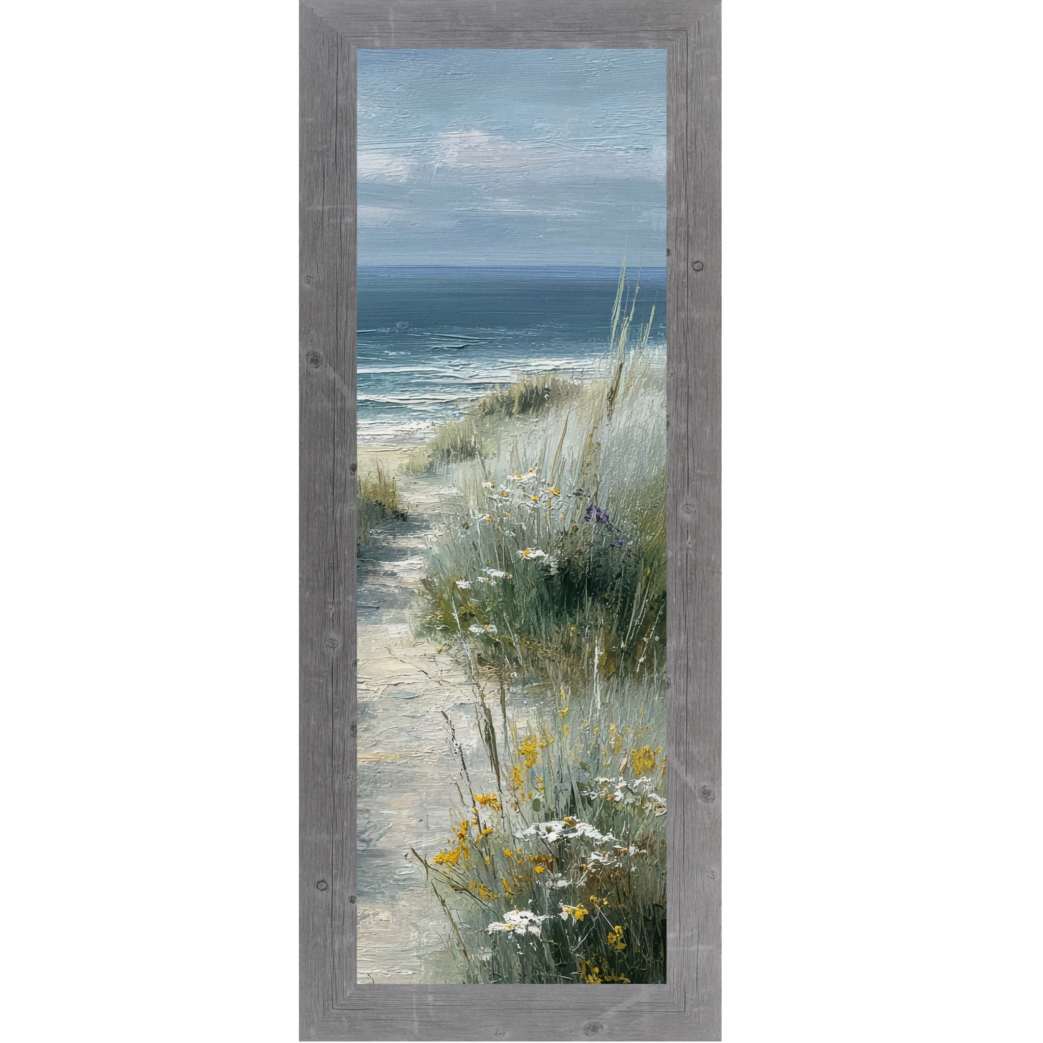 Gray framed narrow portrait coastal path right panel wall art featuring a sandy beach path curving right through sea grasses with yellow wildflowers and calm teal ocean under a bright sky