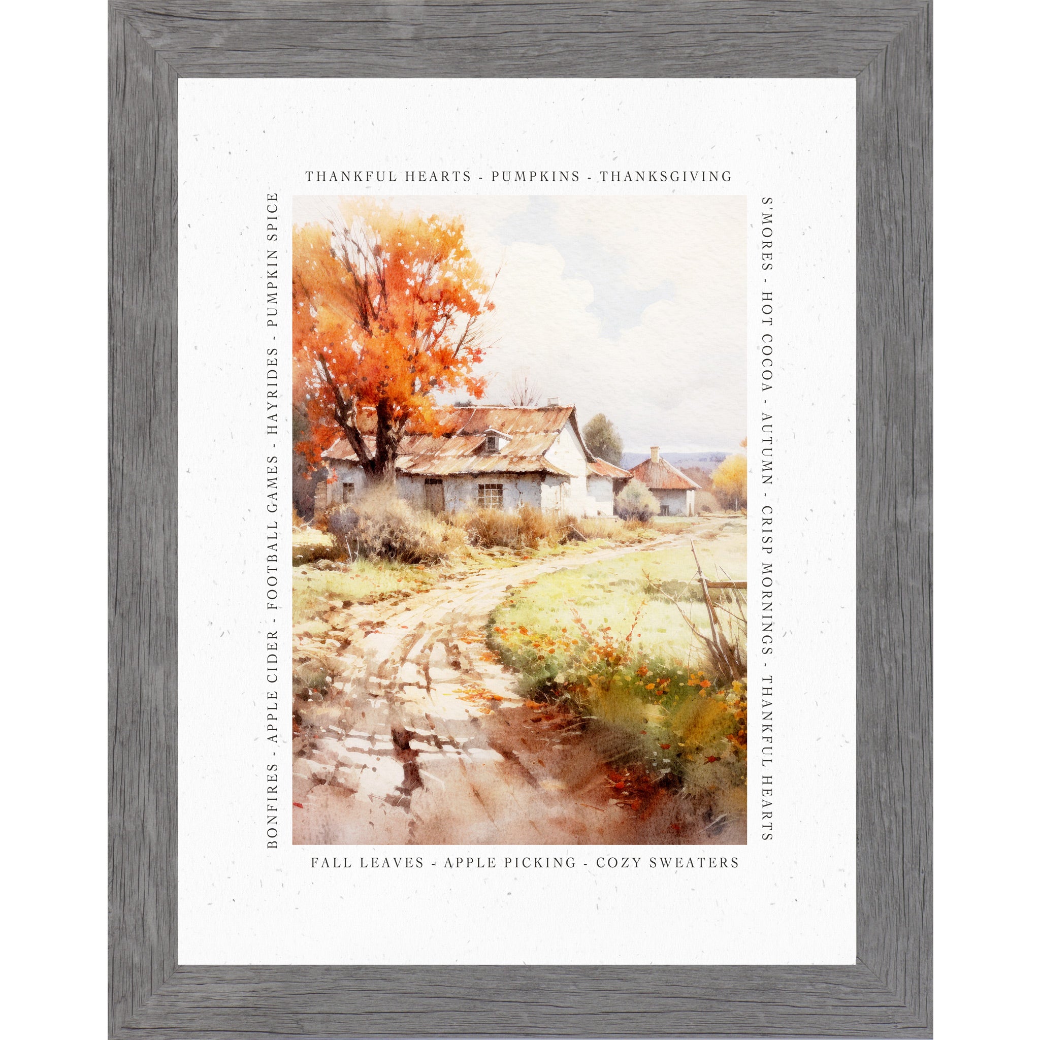Gray framed portrait fall farmhouse porch wall art featuring watercolor Adirondack chair pumpkins and lantern surrounded by fall quote border — There Is Always Something To Be Thankful For Crisp Mornings Cozy Sweaters Falling Leaves Good Memories Fall Reminds Us How Beautiful Change Can Be — SN388