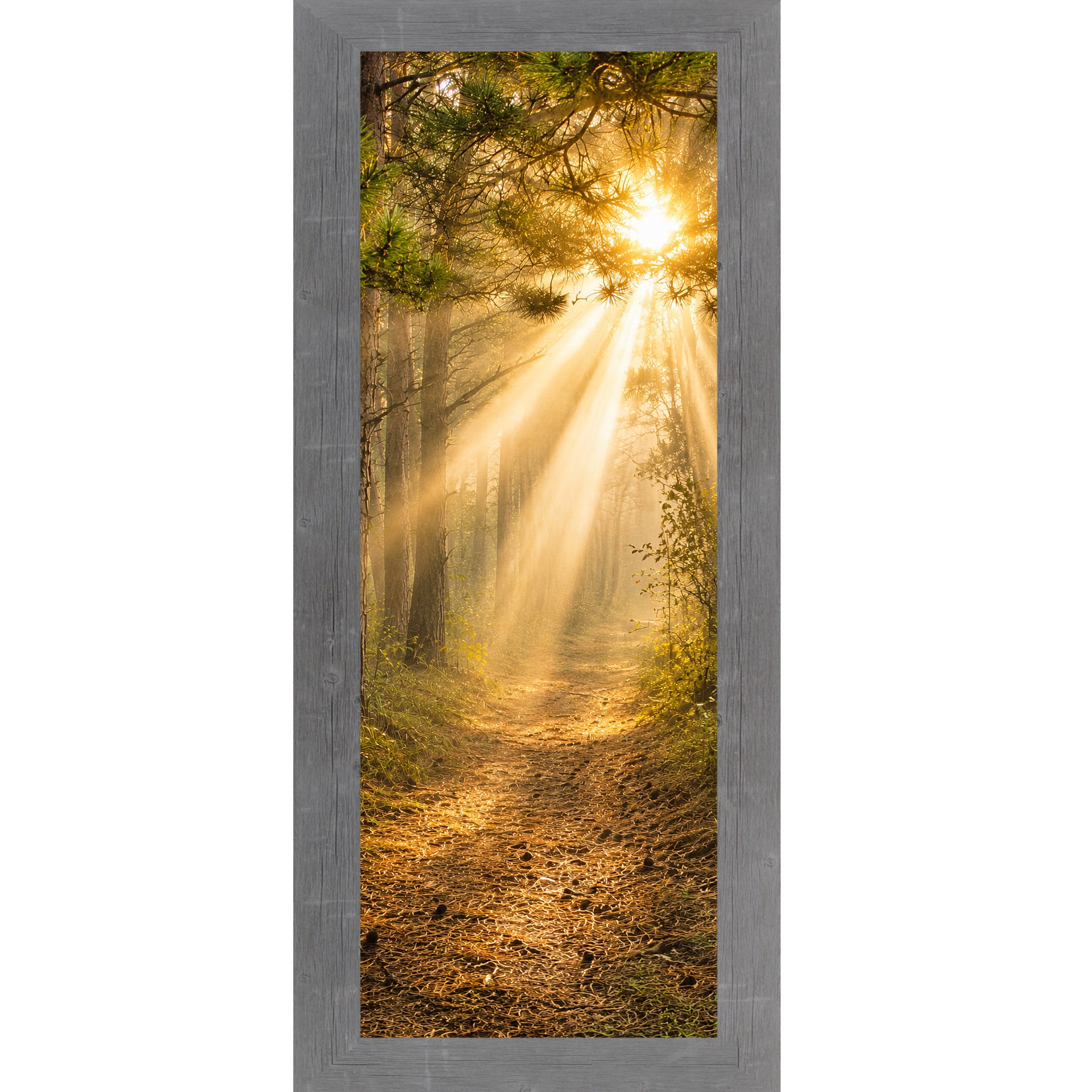 Gray framed narrow portrait nature wall art featuring a divine forest path with golden sunlight rays streaming through pine tree canopy toward a glowing sun in warm sacred morning light